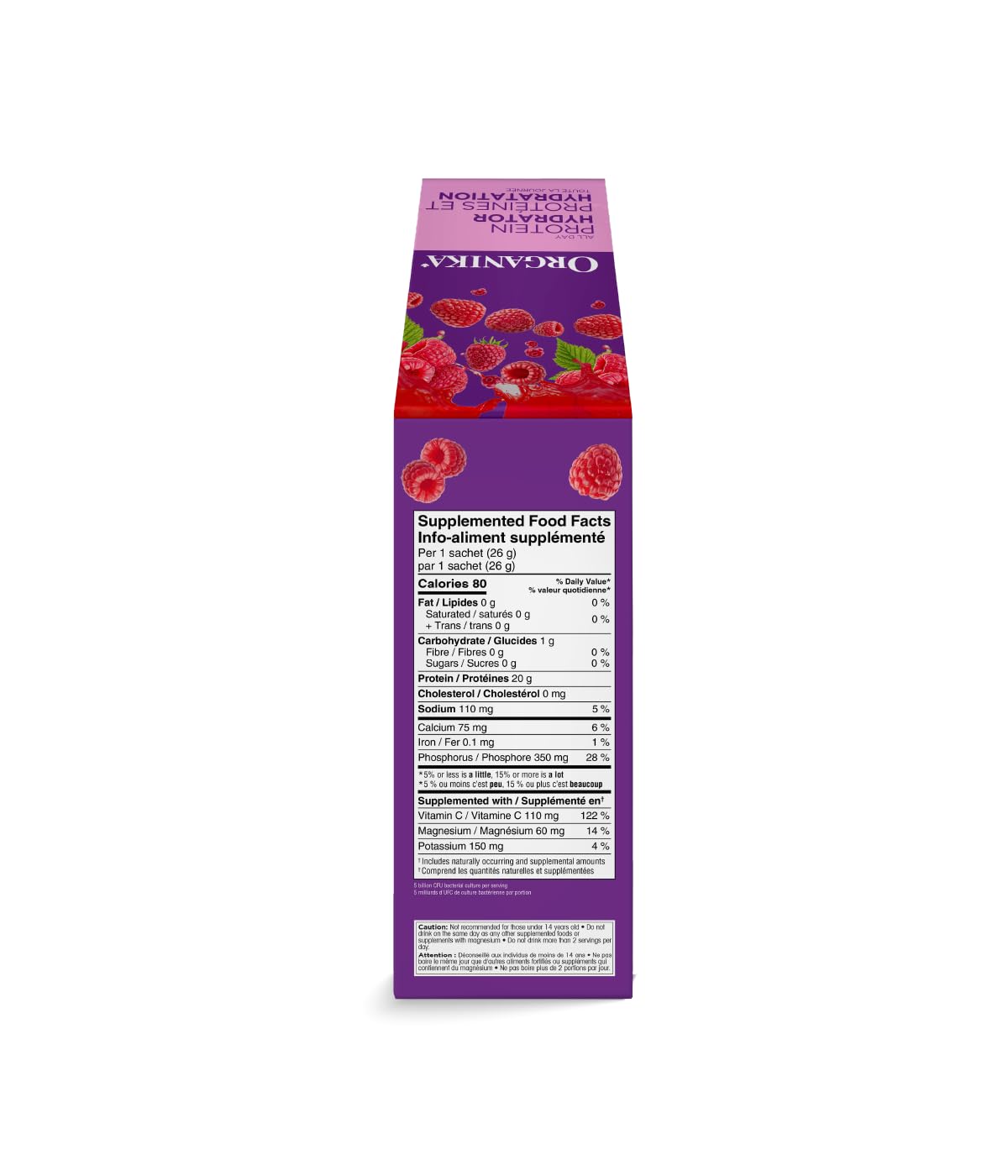 Organika Canadian-Made Protein Hydrator- Raspberry Flavour- Whey Protein Isolate with Collagen, Electrolytes, and Probiotics. Easy to Digest, 20g Protein Per Serving- 12 x 26g sachets