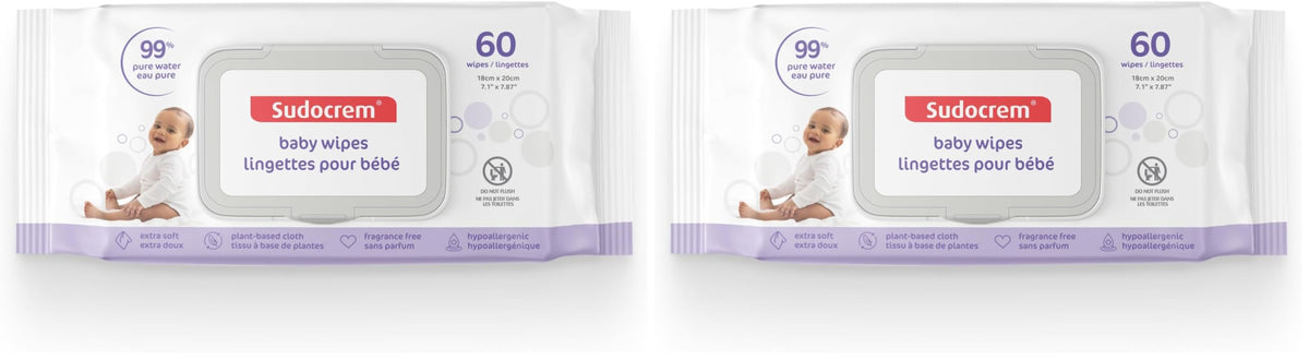 Sudocrem Pure Water Wipes 60 Count - Unscented, Hypoallergenic, Plant-Based Baby Wipes, 99% Water - Extra Strong and Ultra Soft (Pack of 2)