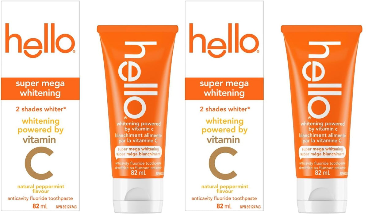 Hello Whitening Toothpaste with Fluoride Powered by Vitamin C, Teeth Whitening Toothpaste for Adults, Helps Freshen Breath and Removes Surface Stains, SLS Free, Natural Peppermint Flavor, 82mL Tube