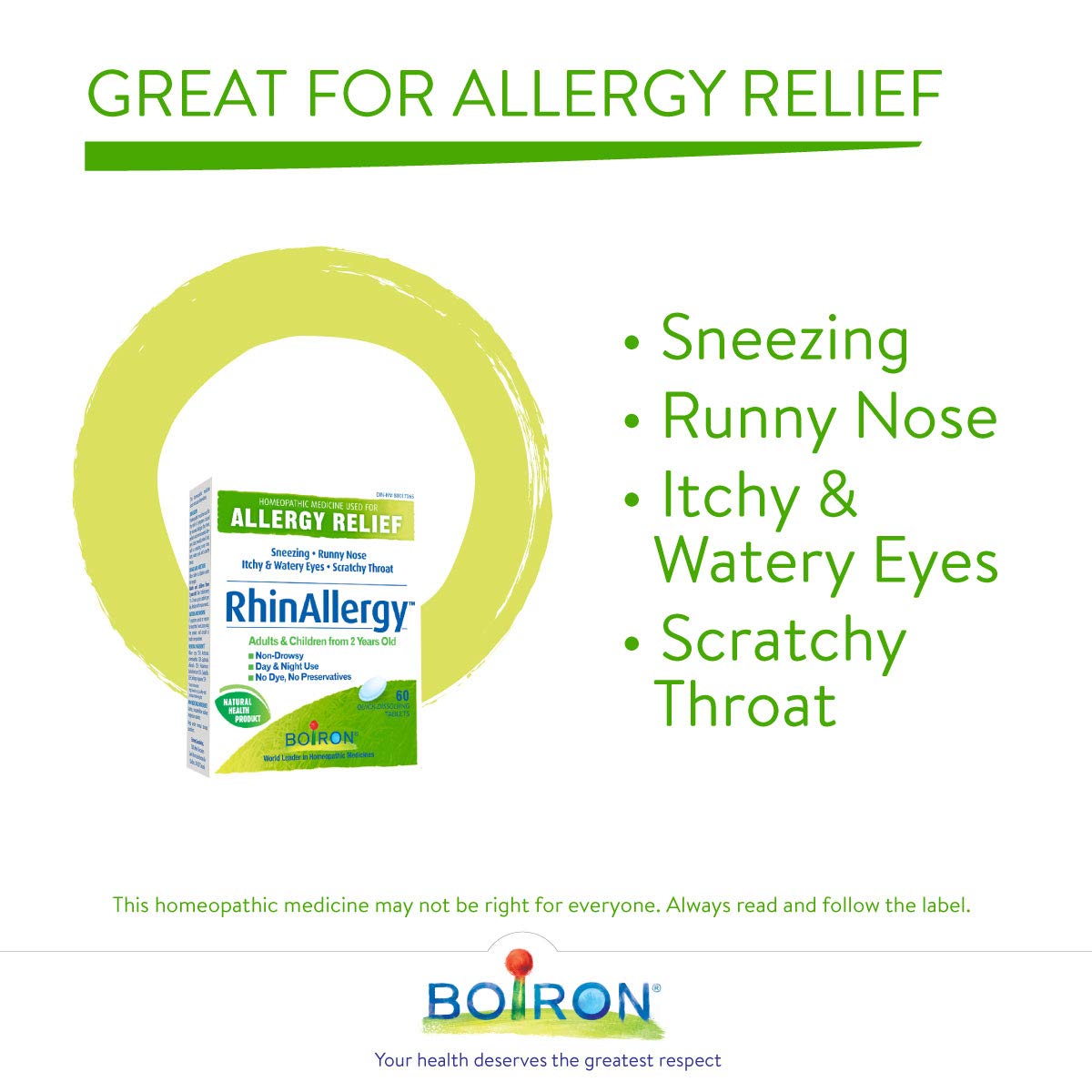Boiron RhinAllergy for Relief from Allergy Symptoms of Sneezing, Runny Nose, and Itchy Eyes or Throat- 60 Tablets