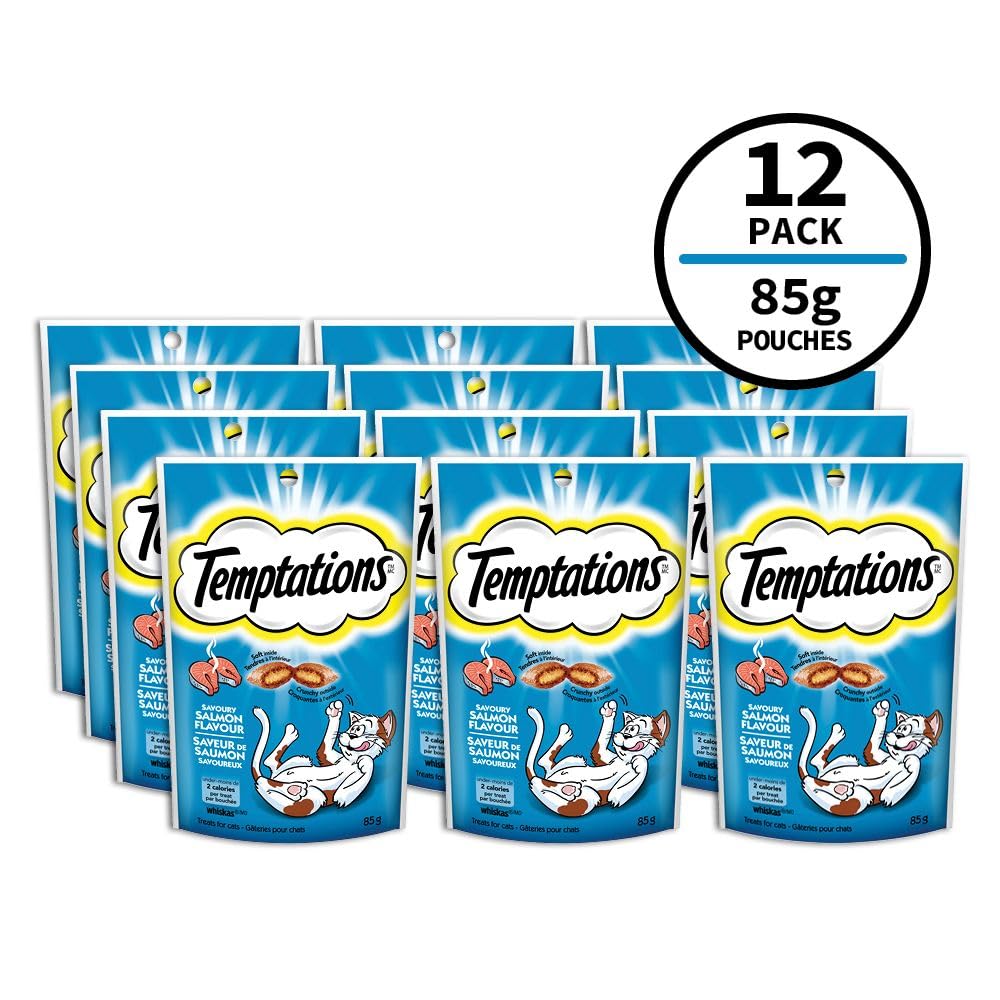 TEMPTATIONS Cat Treats, Savoury Salmon Flavour, 85g (12 Pack)