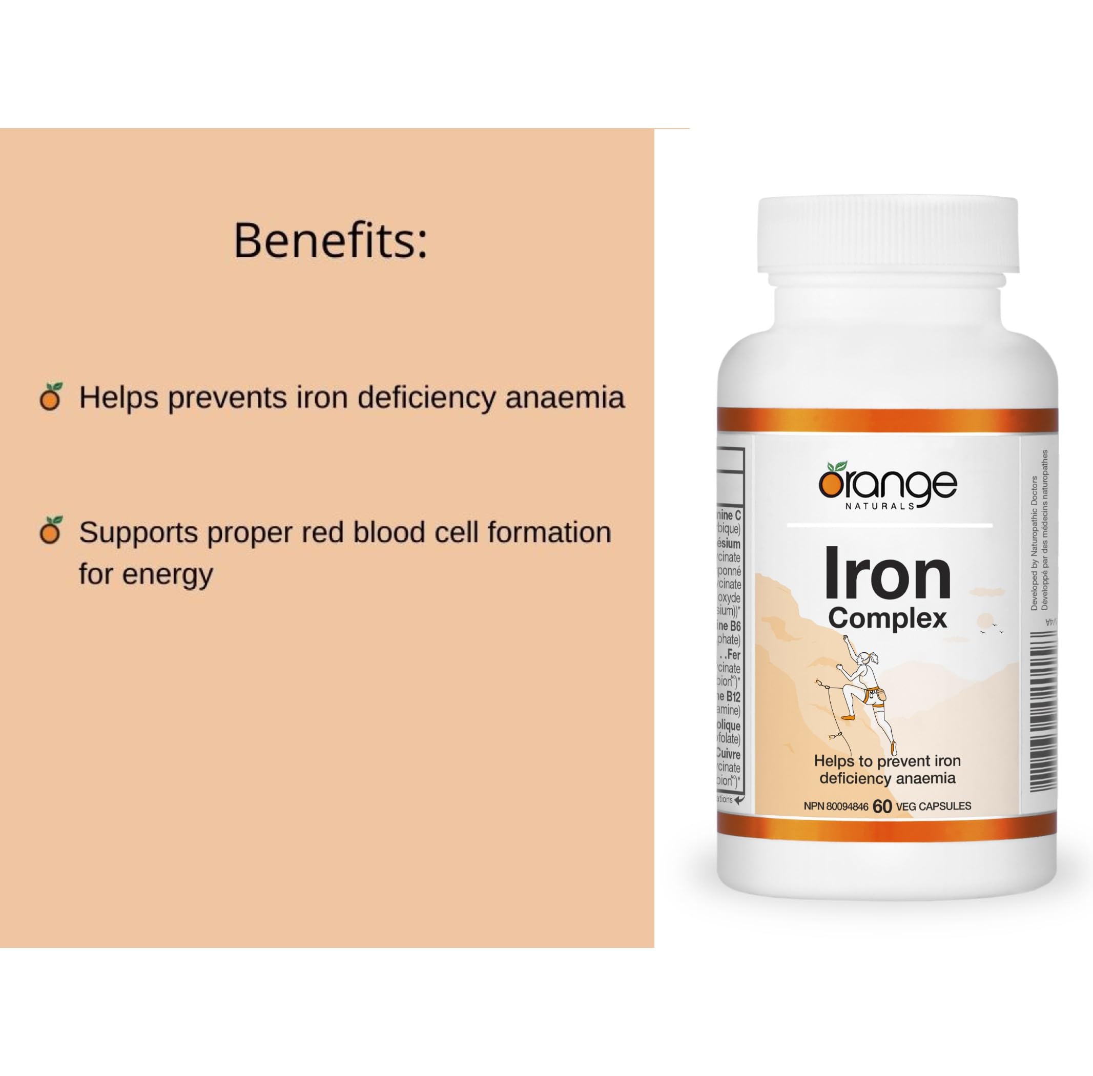 Orange Naturals Iron Complex, 60 Veg Capsules, 60-Day Supply - Vegan, Non-GMO, Soy & Gluten-Free - Gentle Iron Bisglycinate with Vitamin C, B6, B12 & Folic Acid, Easy-to-Digest Iron Supplement
