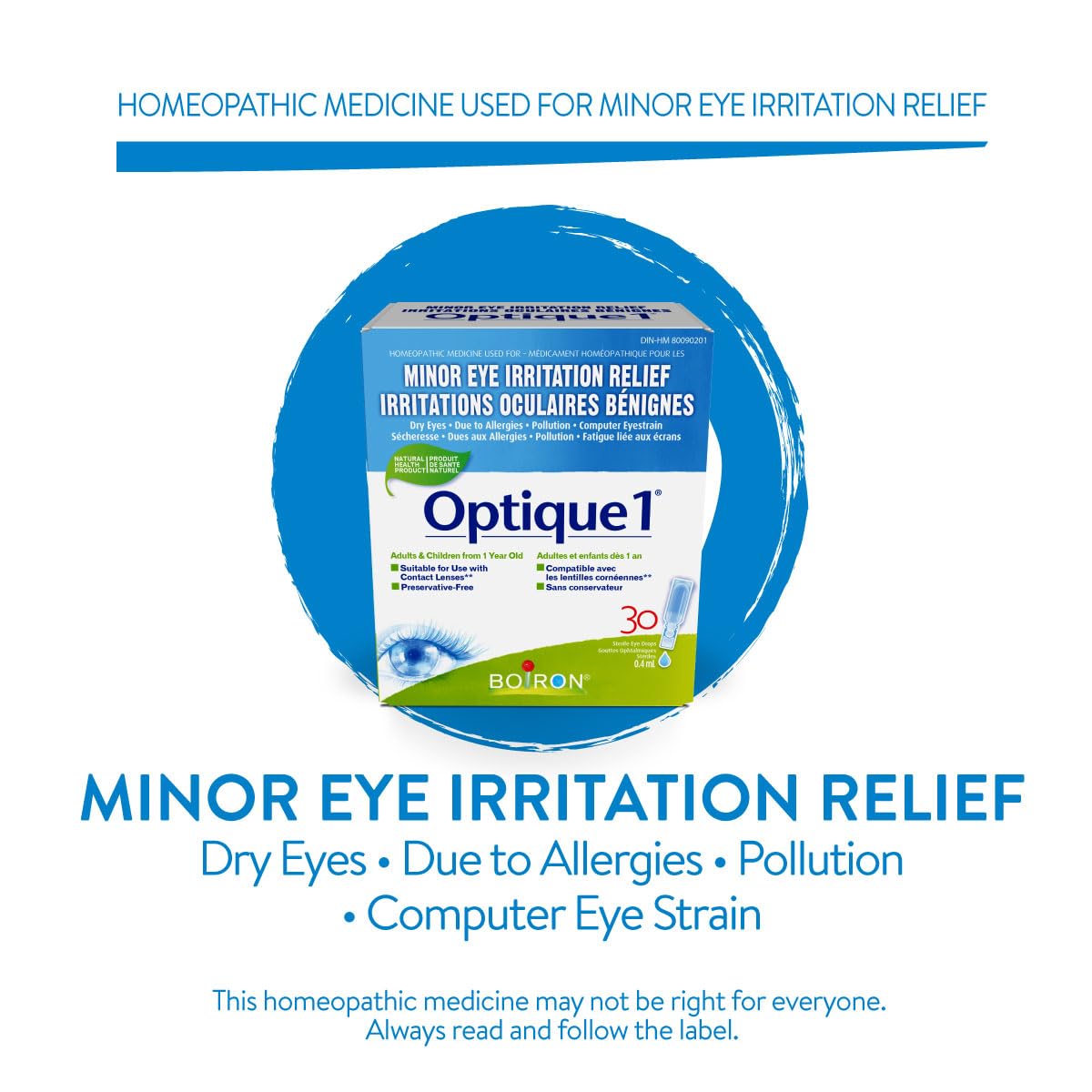 Boiron Optique 1, Eye drops used to relieve minor eye irritations such as dry, itchy or red burning eyes due to allergies or computer eye strain. 30 unit-doses