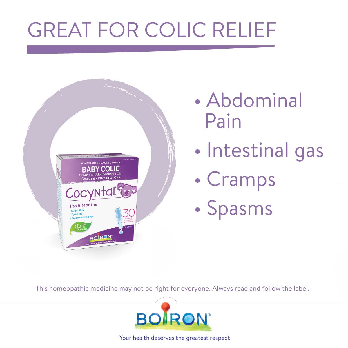 Boiron Cocyntal 60 drinkable unit-doses (Twin Pack) used for infant colic: abdominal pain, cramps, spasms and intestinal gas. Age: 1 to 6 months. Day and Night use.