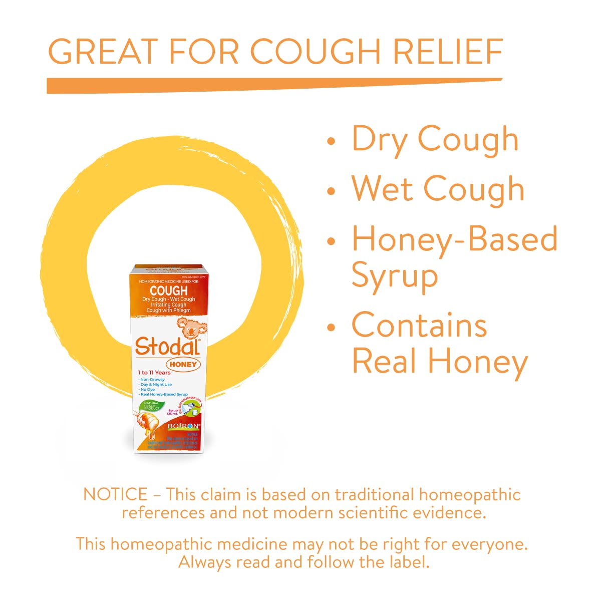 Boiron Stodal honey cough syrup used for dry or wet cough, irritating cough or cough with phlegm. From 1 to 11 years old. 125ml