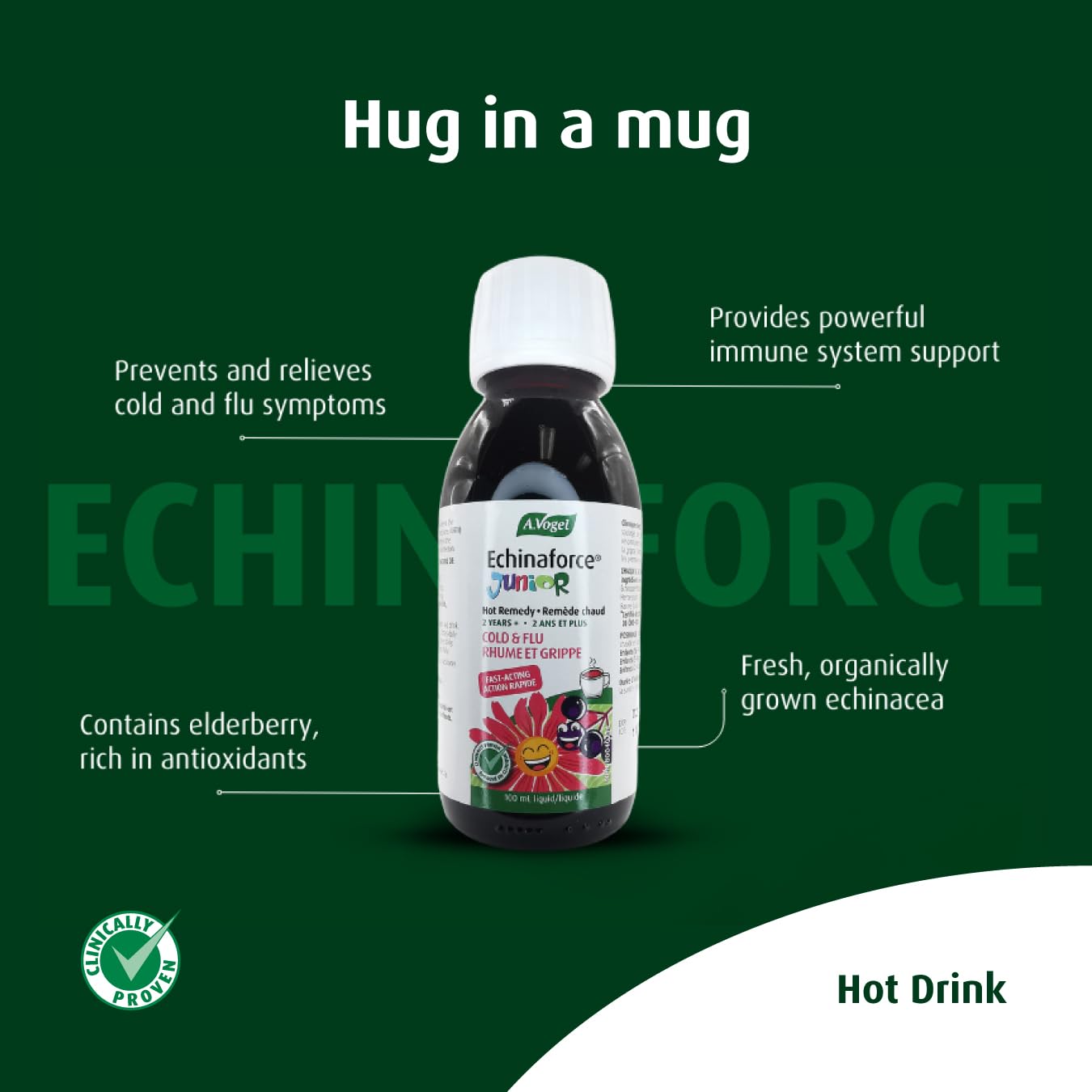 A.Vogel Echinaforce Junior Extra Hot Drink with Elderberry and Echinacea - Extra-Strength Formula - Relieves Common Cold and Flu Symptoms - Immune booster - Children 2+ - 100 mL