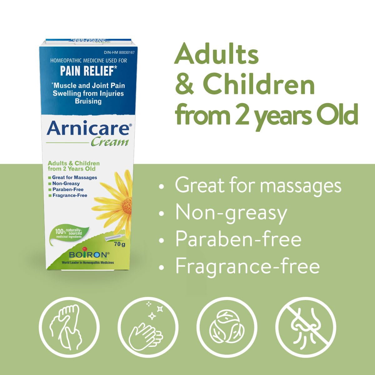 Boiron Arnicare Cream for Pain Relief, Muscle Pain and Joint Pain Relief, Swelling from injuries, Bruise & Bruising, from Natural Sourced Plants Including Arnica Montana, 70g