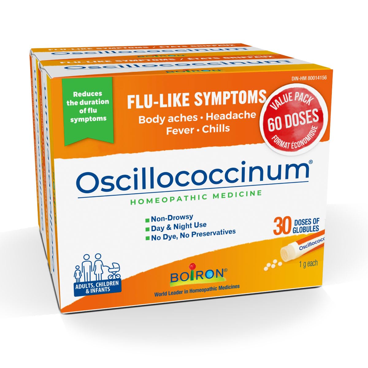 Boiron Oscillococcinum 60 doses Homeopathic Medicine for Flu-like Symptoms; Reduces the duration of flu-like symptoms such as body aches headaches fever and chills; Kosher (Pack of 2)