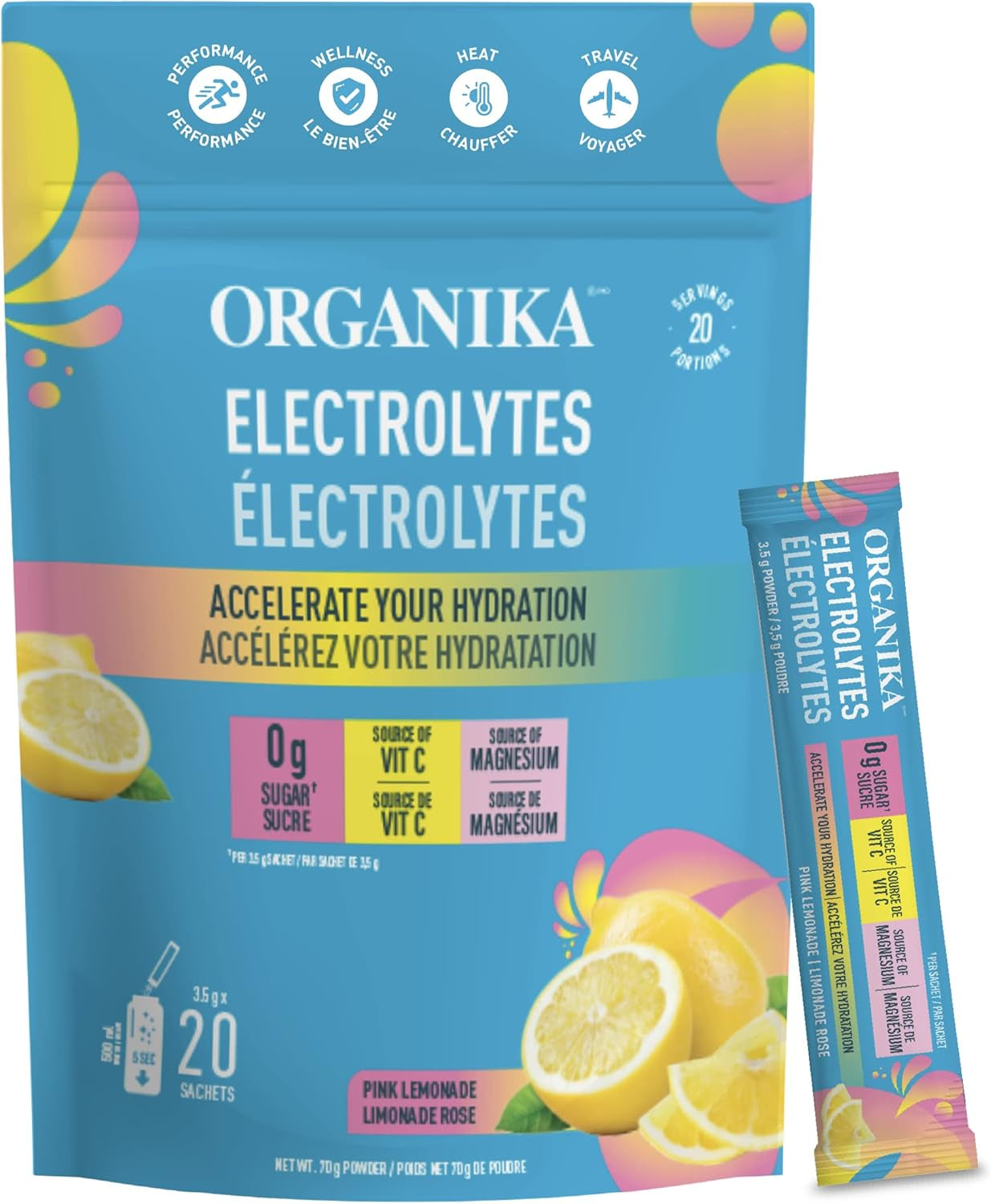 Canadian-Made Electrolytes Powder - Wild Raspberry - on the Go Sugar-Free Hydration and Electrolyte Replenishment with Prebiotics + 100% of Daily Vitamin C - 3.5G X 20 Sachets