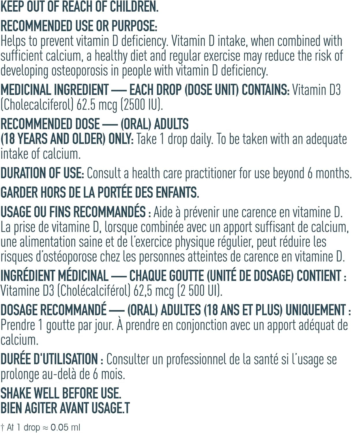 Canadian-Made Vitamin D3 Liquid 2500IU- Olive Oil Base, Immune System Support- 30Ml