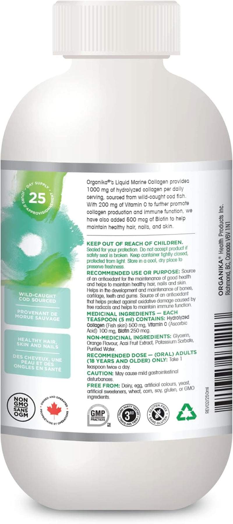 Canadian-Made Liquid Marine Collagen - with Added Vitamin C and Biotin - Orange Flavour- 250Ml