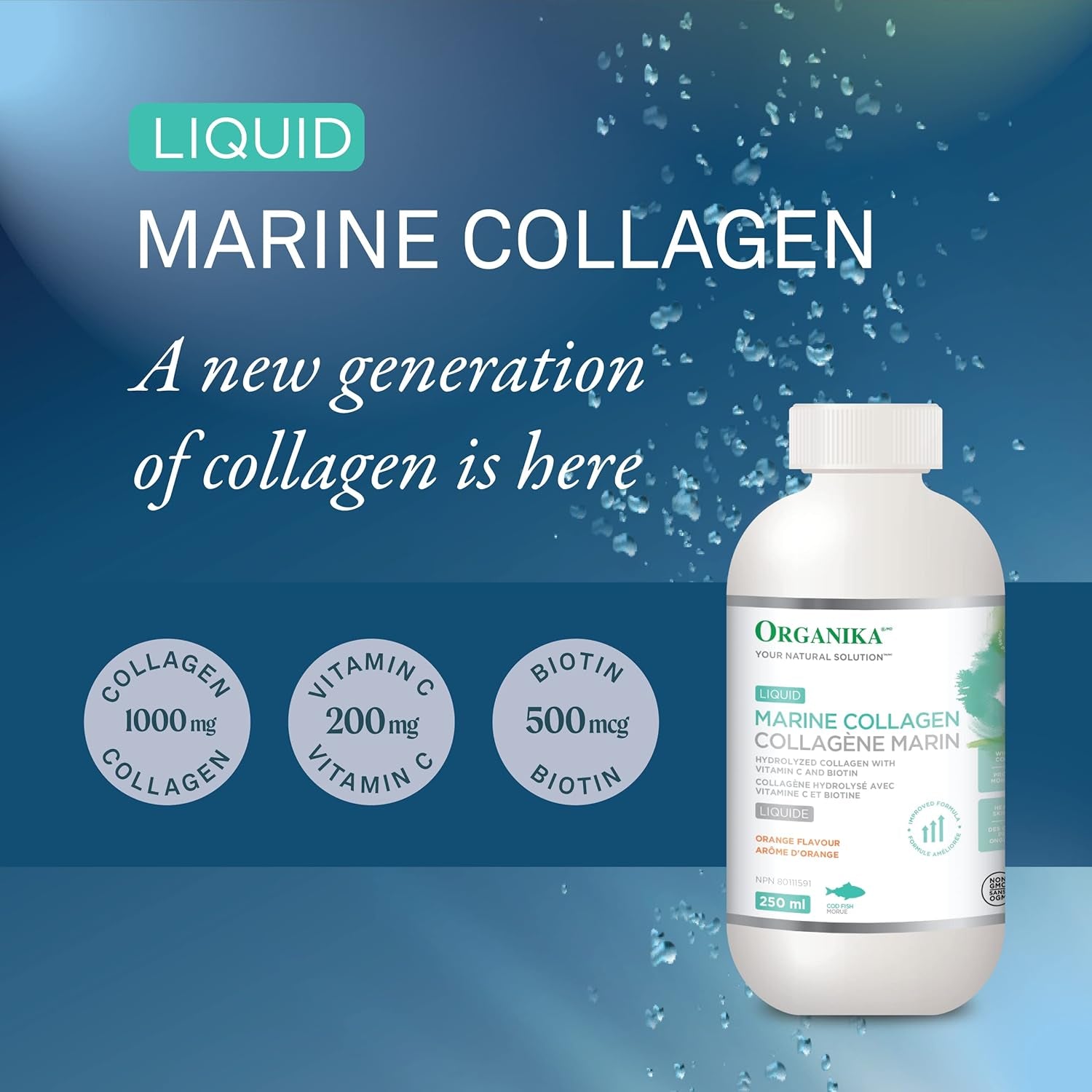 Canadian-Made Liquid Marine Collagen - with Added Vitamin C and Biotin - Orange Flavour- 250Ml