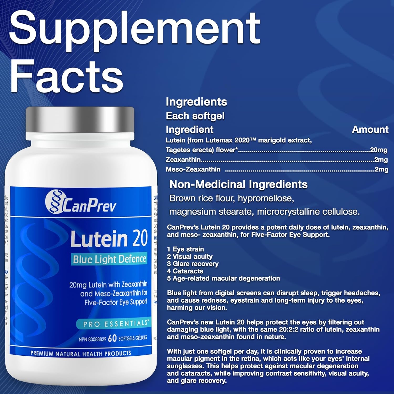 Lutein 20Mg, 60 Softgels - Blue Light Defence for Eyes - Eye Vitamins with Lutein and Zeaxanthin - Eye Care Supplement - Supports Vision - Eye Vitamins for Adults - Eye Supplements