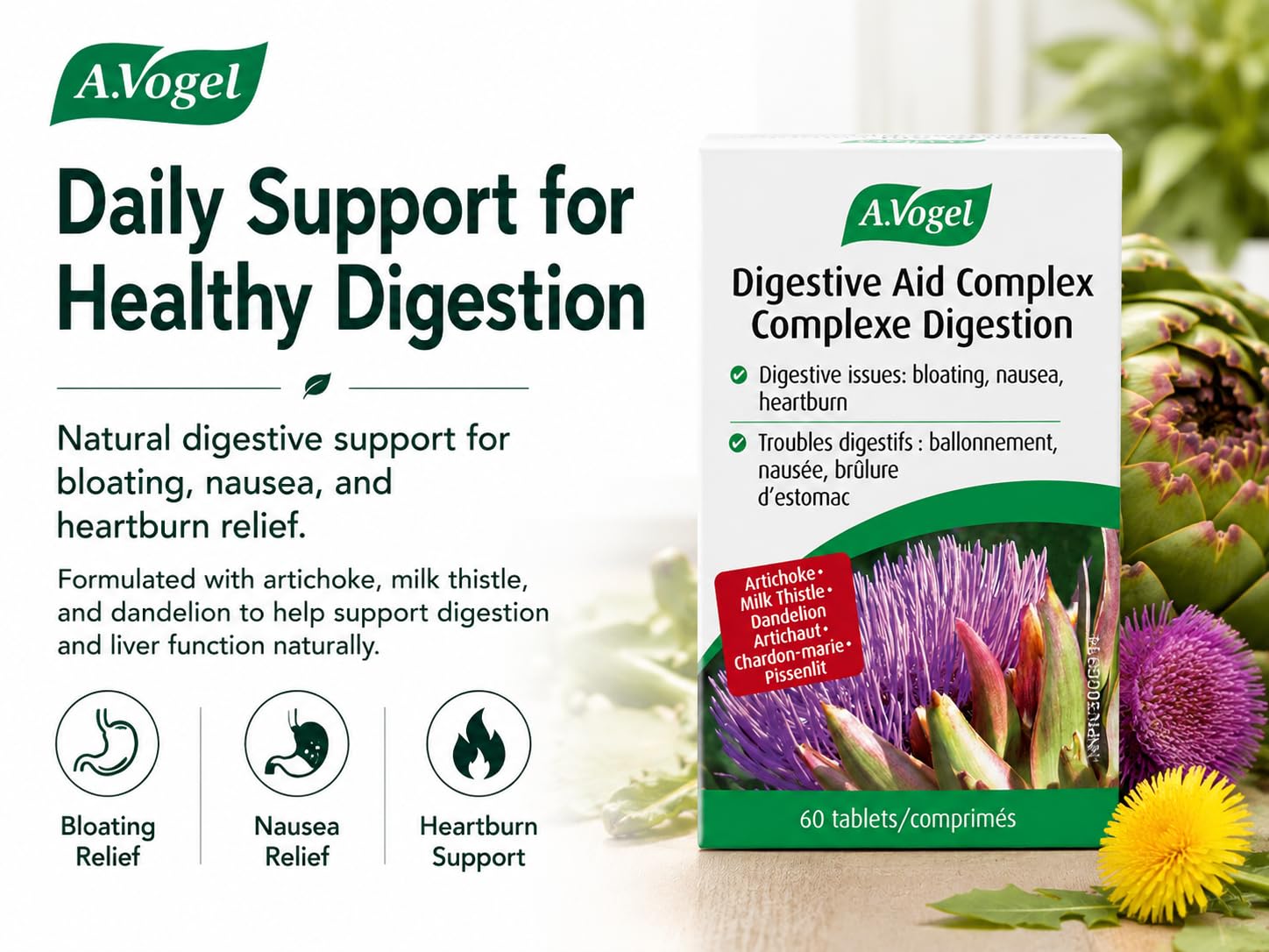A.Vogel Digestive Aid Complex - Nausea, Heartburn and Bloating relief - Powerful combination of Artichoke, Milk thistle, Boldo and Dandelion - 60 Tabs