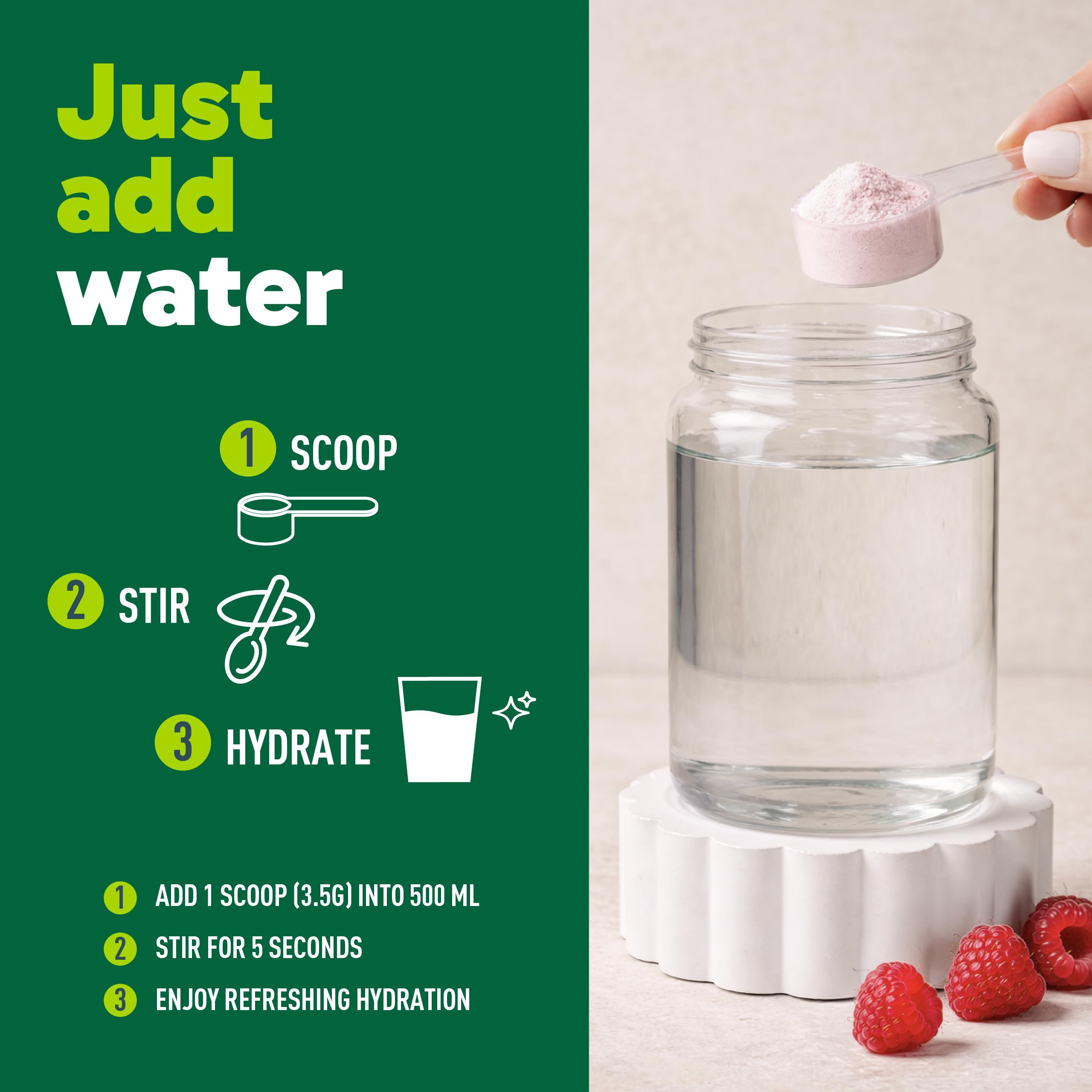 Organika Canadian-Made Electrolytes Powder with Vitamin C & Prebiotic Fibre - Sugar-Free Hydration Drink Mix - Wild Raspberry - 350 g - 100 servings