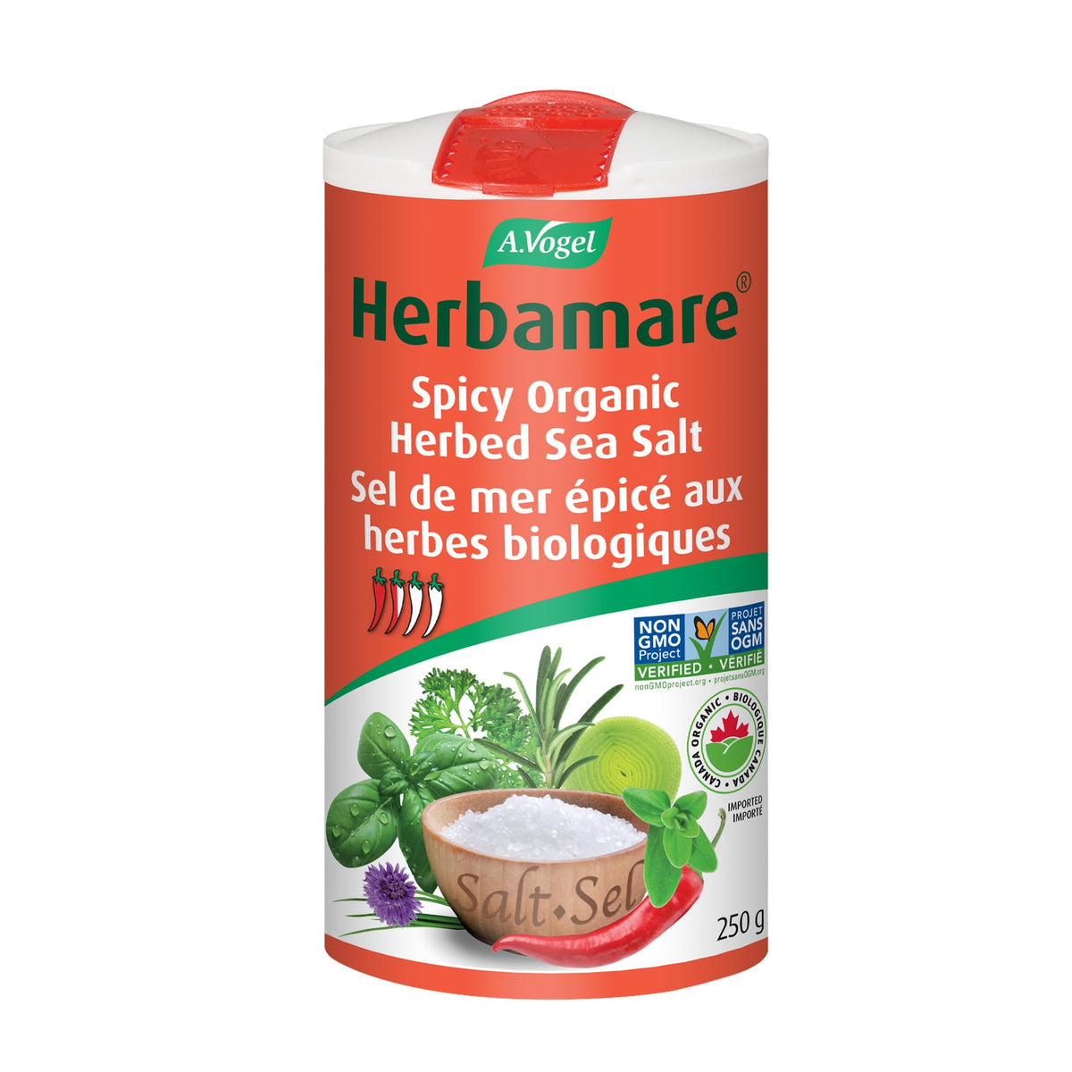 A.Vogel Herbamare Spicy - Herbed Sea Salt Infused with Fresh Organic Herbs and Vegetables - 1/3 Less Salt - Non-GMO Project Certified - MSG and Gluten Free - Vegetarian and Vegan - 250 G