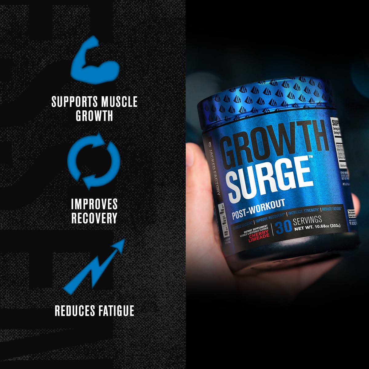 Growth Surge Post Workout Recovery Drink - Daily Muscle Building Supplement with Creatine Monohydrate Powder, Betaine, L-Carnitine L-Tartrate - 30 Servings, Blueberry Lemonade