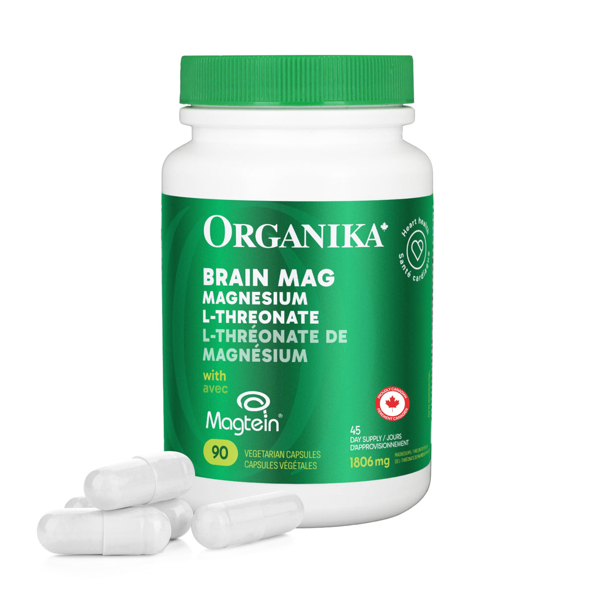 Organika Brain Mag- Magtein Magnesium L-Threonate with Vitamin C and D3 - Supports Cognitive Function, Clinically Studied, 900mg of Magnesium - 90vcaps