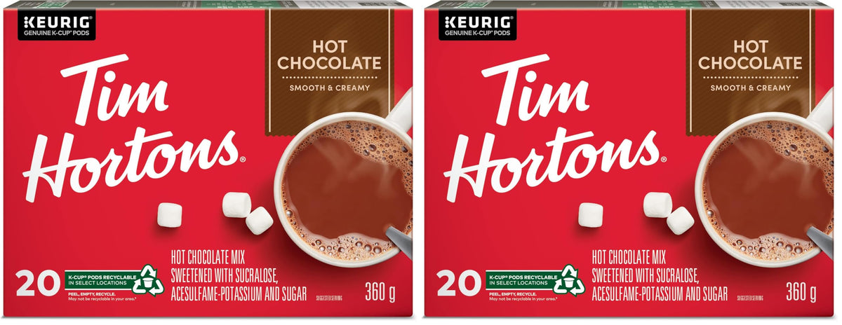 Tim Hortons Hot Chocolate, Recyclable Single Serve Keurig K-Cup Pods, 20 Count (Pack of 2)