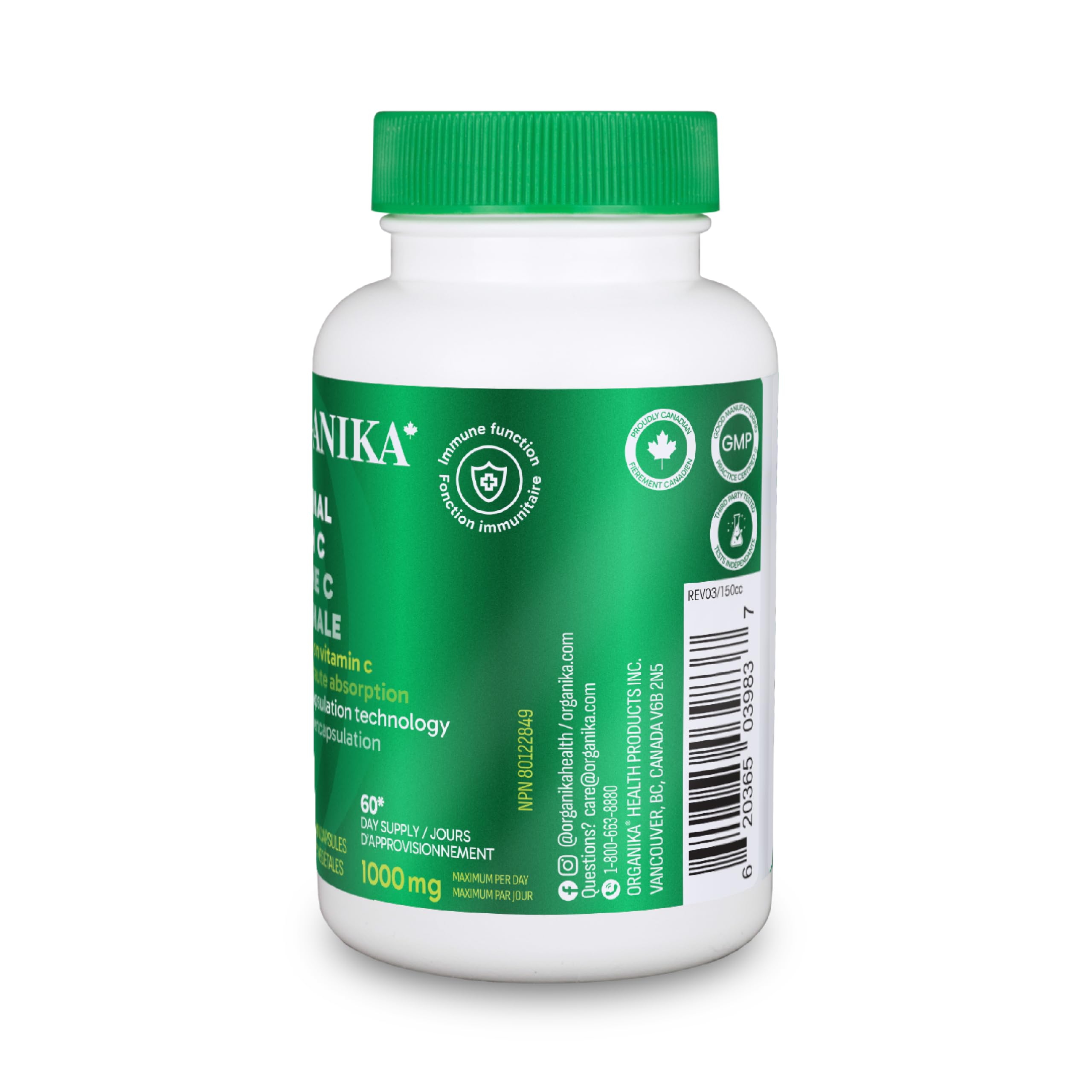 Organika Canadian-Made Liposomal Vitamin C 1000mg Daily- High Absorption for Superior Bioavailability, Immunity- 60vcaps