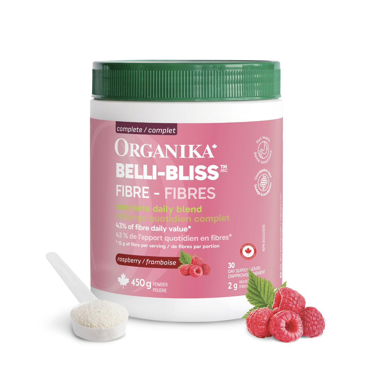 Organika Canadian-Made Belli Bliss Fibre | High Fibre Blend, 4 Diverse Sources of Fibre | Supports Digestive Health, Constipation Relief, Weight Control - Raspberry, 450g