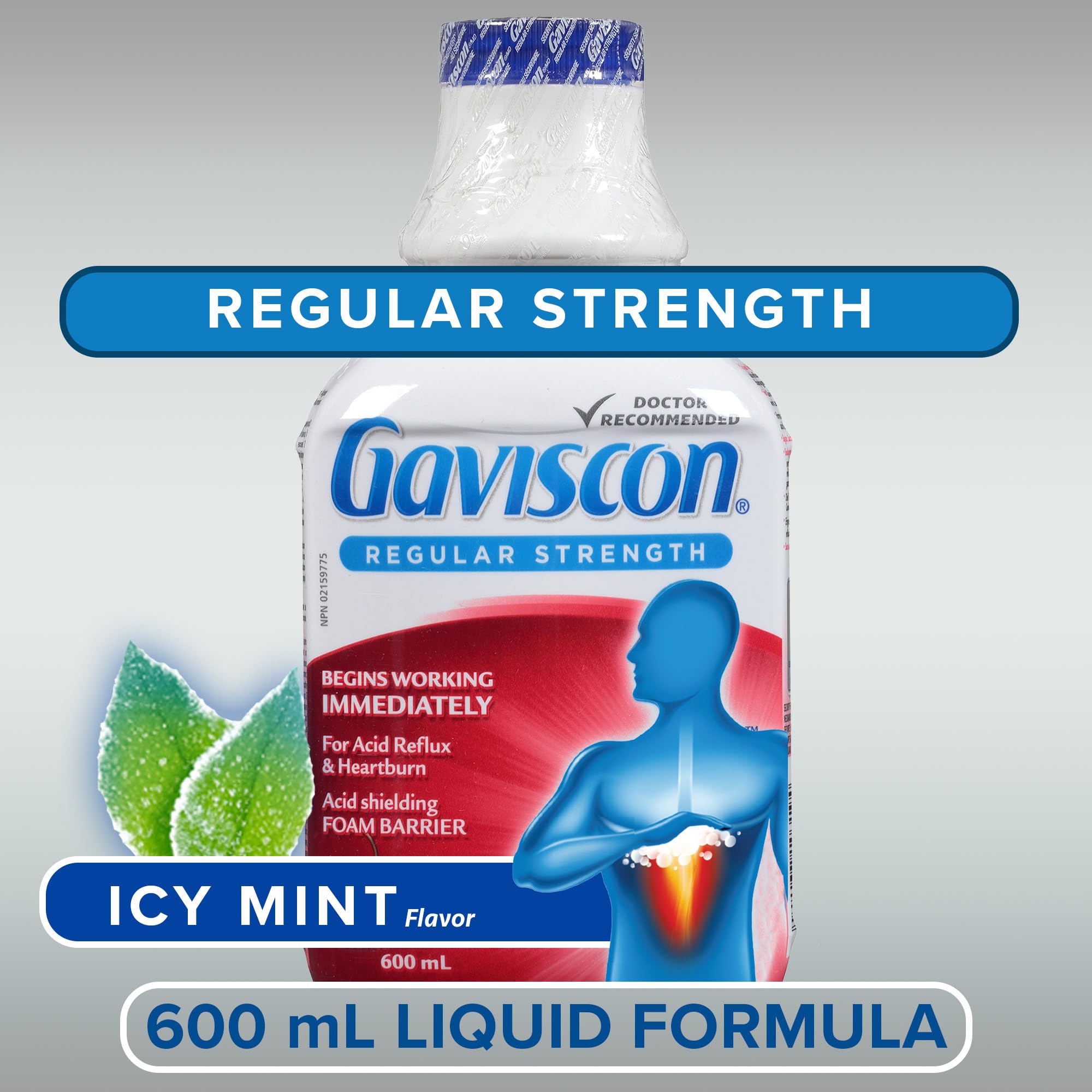 Gaviscon Regular Strength Liquid Soothing Icy Mint, Long-lasting Acid Reflux and Heartburn Relief, 600 ml