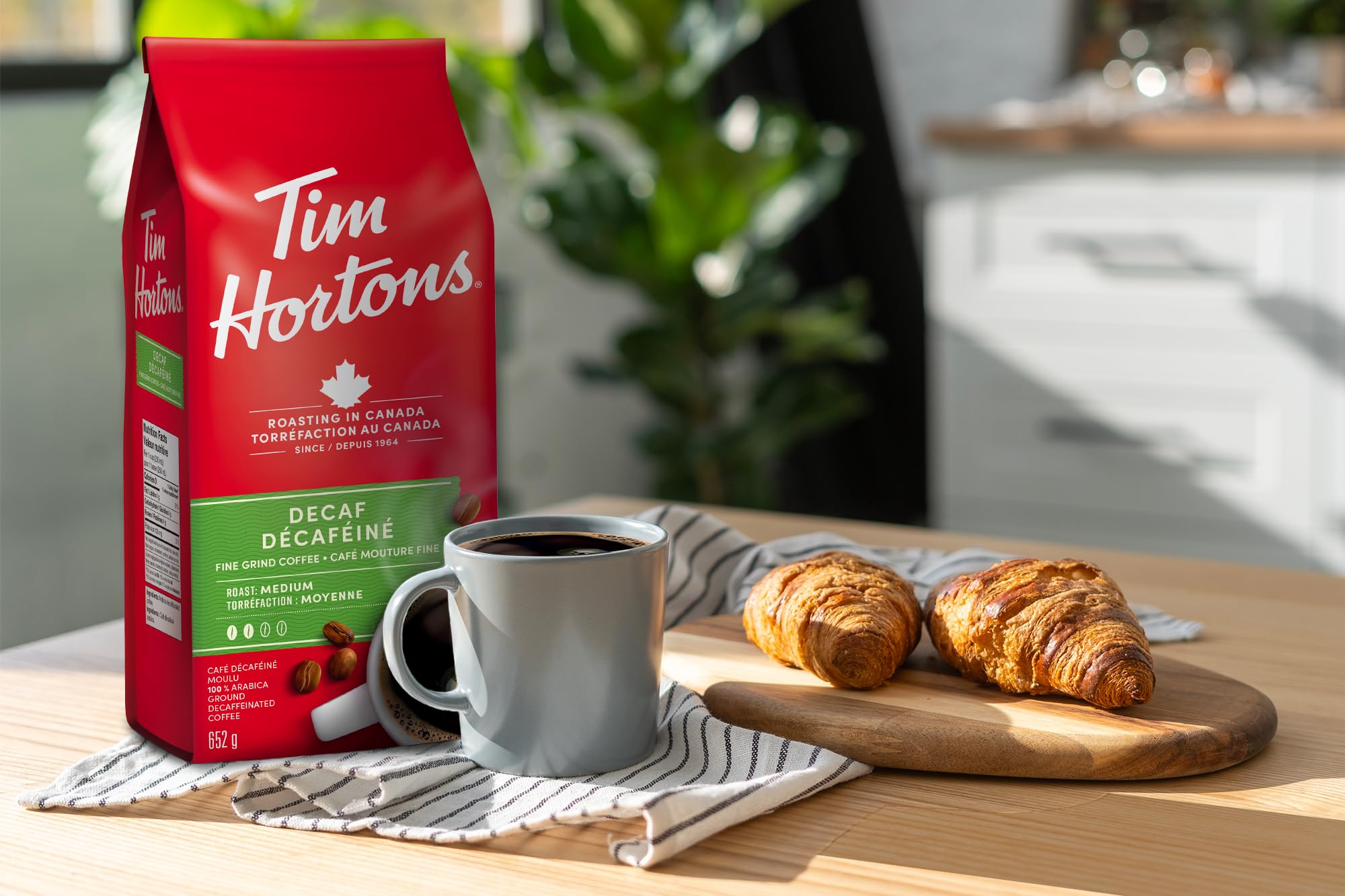 Tim Hortons Decaf, Fine Grind Coffee, Medium Roast, Made with 100% Arabica Beans, 652g Bag (Pack of 2)