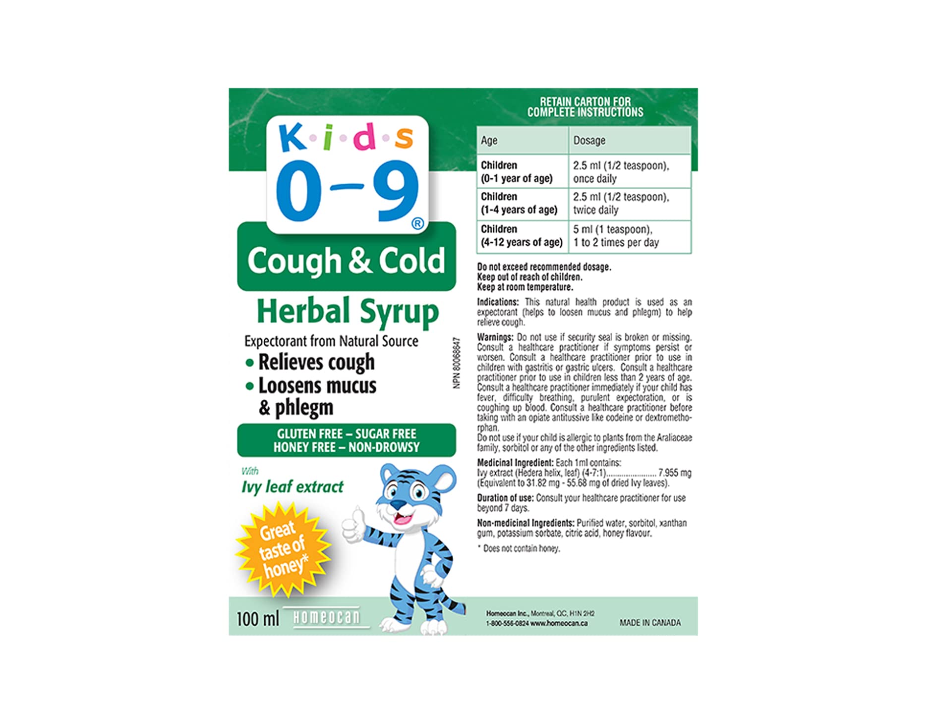 Kids 0-9 Cough & Cold Herbal Syrup 100 ml - Honey Flavour - Relieves Cough, Loosen Mucus and Phlegm with Ivy Leaf Extract - Non-Drowsy, Gluten, Honey and Sugar-Free