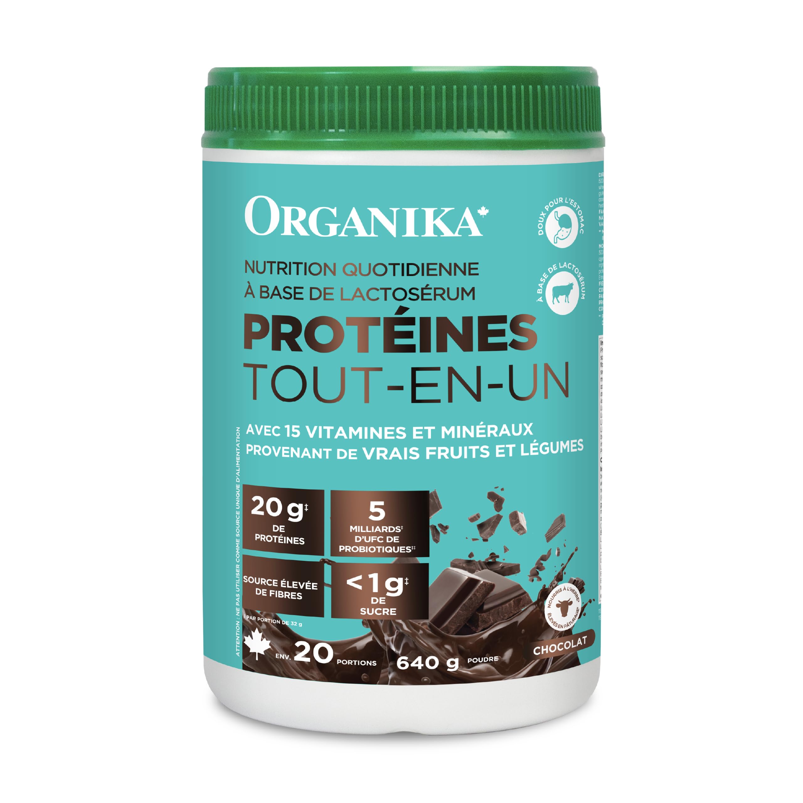 Organika All-in-One Chocolate Protein Powder with 20g Protein, 15 Vitamins & Minerals from Real Fruits & Veggies, 5 Billion CFU Probiotics, 4g Prebiotic Fiber, Digestive Enzymes, 1g Sugar - 640g