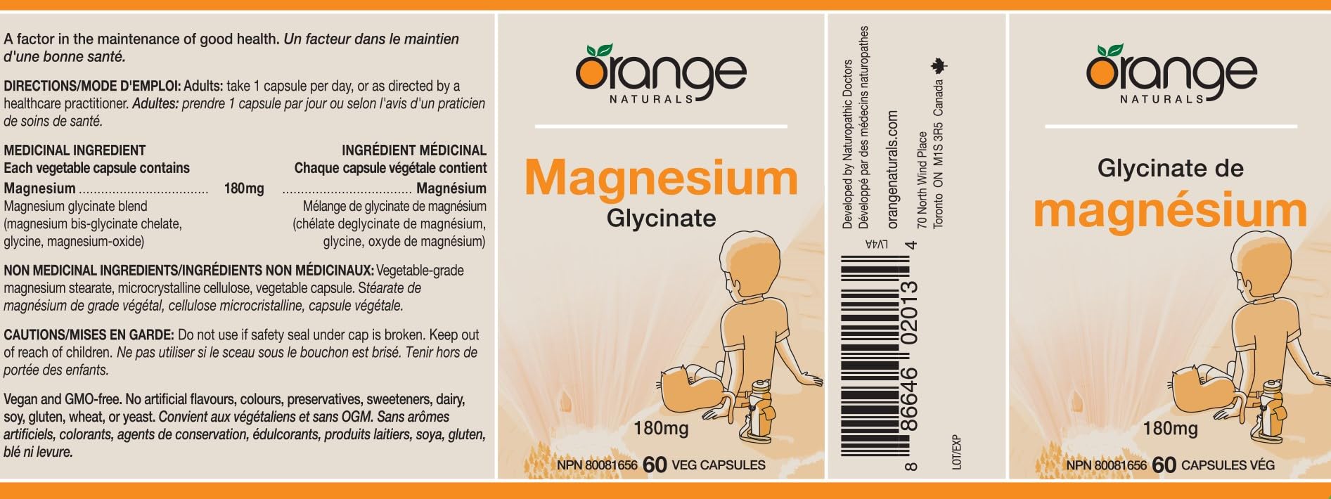 Orange Naturals - Magnesium Glycinate - 180mg 60 v-caps 60-Day Supply - Magnesium Bisglycinate Supplements - Relaxation, Sleep Support, Pressure Relief, Healthy Bones, Healthy Teeth & Muscle Function