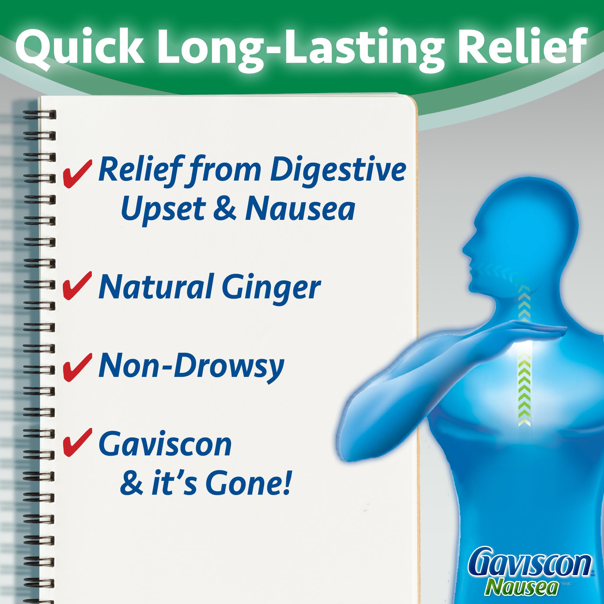 Gaviscon Anti Nausea Ginger Capsules - 18 Count - Tablets for Nausea Relief & Digestion Support, Natural Ginger - Free of Aluminum, Lactose and Gluten