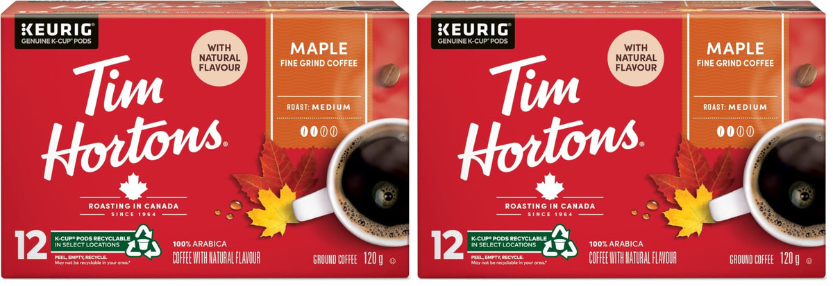 Tim Hortons Maple Coffee, Single Serve Keurig K-Cup Pods, Flavoured Medium Roast, 12 Count (Pack of 2)