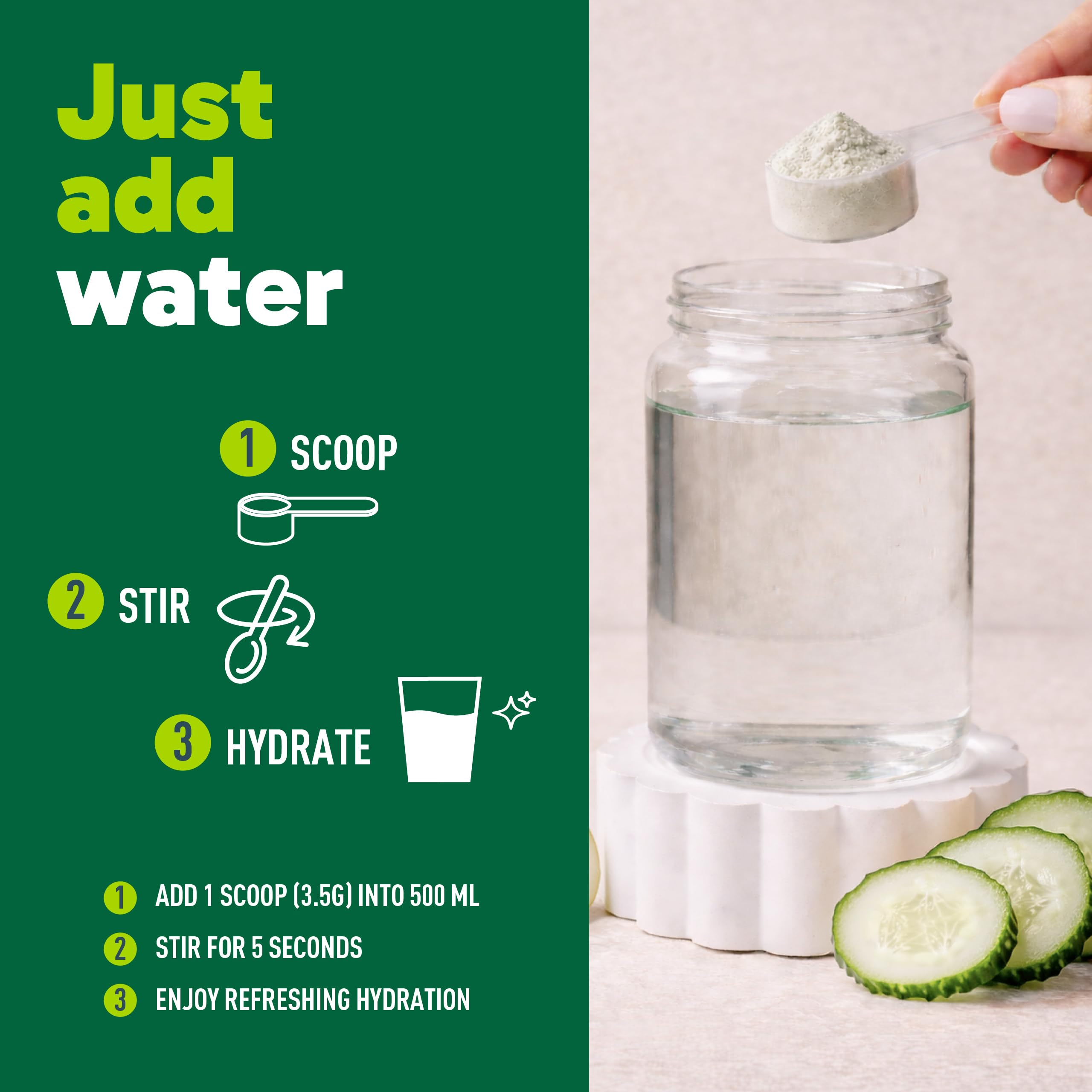 Organika Canadian-Made Electrolytes Powder with Vitamin C & Prebiotic Fibre - Sugar-Free Hydration Drink Mix - Cucumber Pear - 210 g - 60 servings