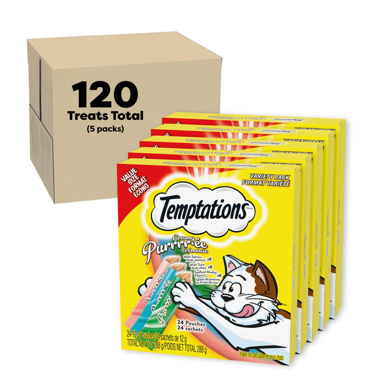 TEMPTATIONS Creamy Puree Adult Lickable Cat Treats, Seafood Variety Pack, Seafood Medley, Salmon, and Tuna Flavours, 120 Pouches