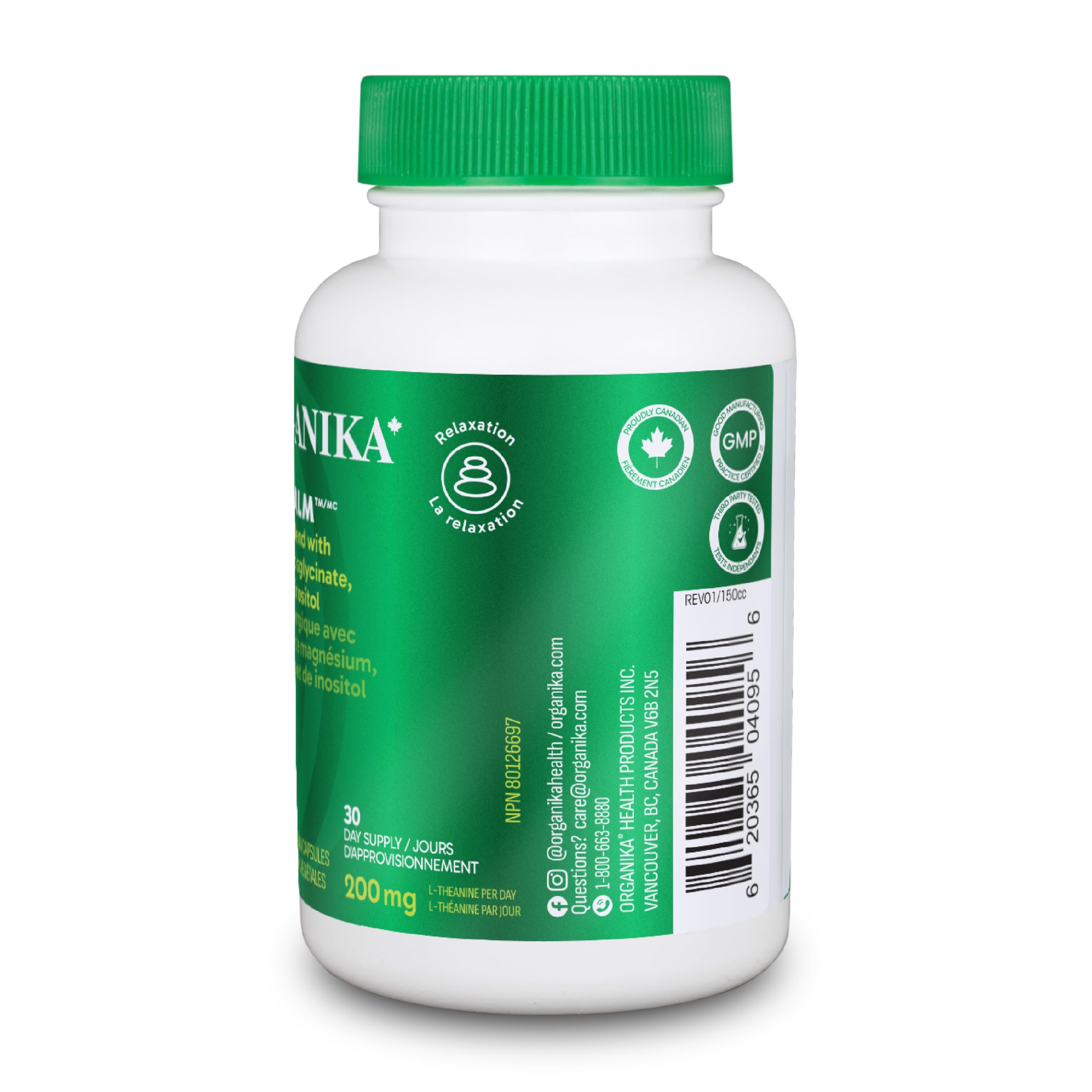 Organika Canadian-Made Mind Calm- with Magnesium Bisglycinate, L-Theanine, GABA, Inositol- Promotes Relaxation and Calm without Drowsiness- 120vcaps