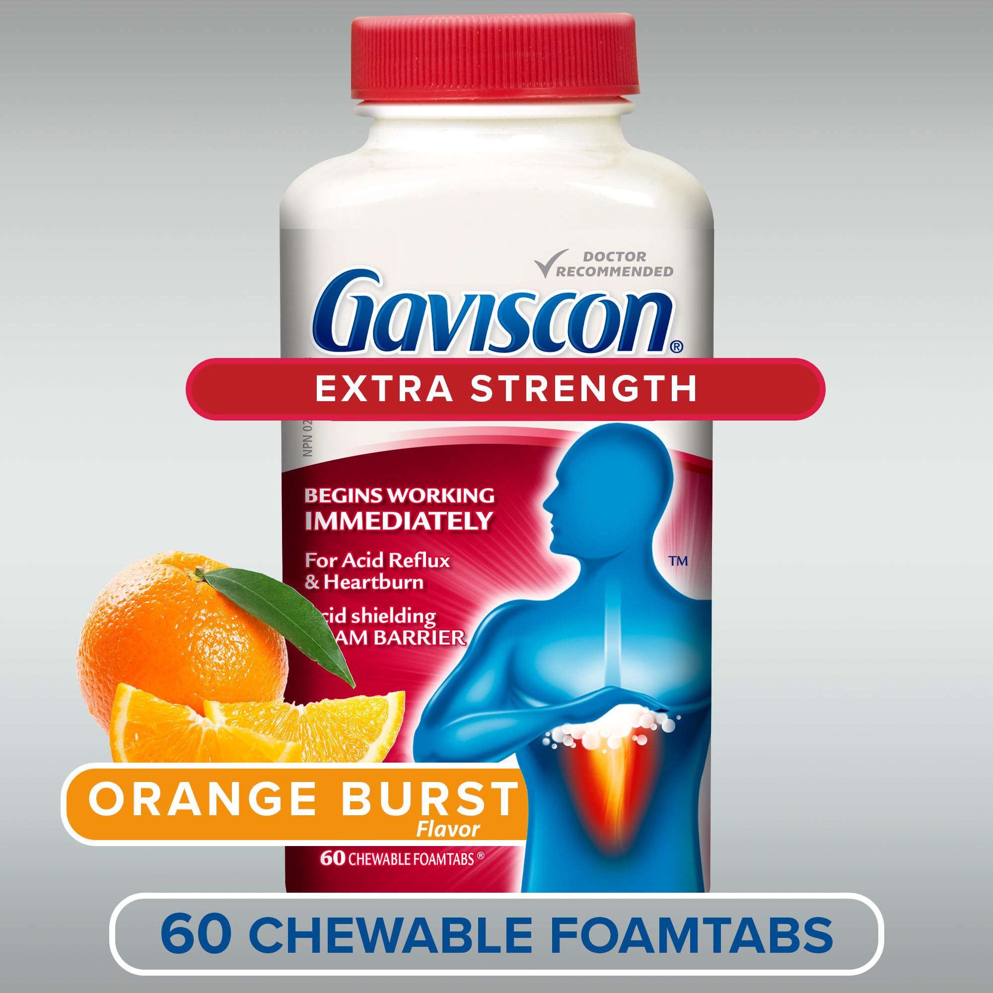 Gaviscon Extra Strength Tablets - 60 Count - Chewable Foaming Antacid Tablets for Day and Night Heartburn Relief, Acid Reflux and GERD Relief, Orange Burst - Free of Aluminum, Lactose and Gluten