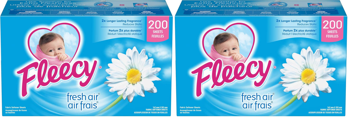 Fleecy Fabric Softener Dryer Sheets - For Irresistibly Soft & Static-Free Clothes | Paraben & Phosphate Free | Softener for Laundry | (Fresh Air) 200 Sheets (Pack of 2)