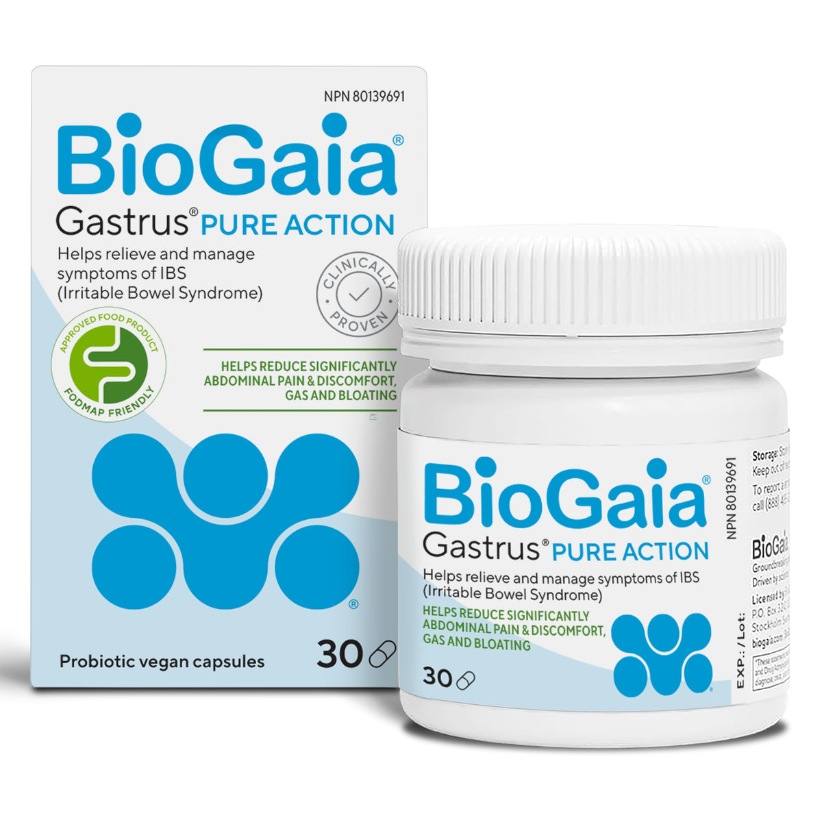 BioGaia Gastrus Pure Action | 30 capsules | For IBS, Gas, and Bloating | Helps reduce significantly abdominal pain & discomfort | FODMAP-friendly formula | Dairy and Gluten Free