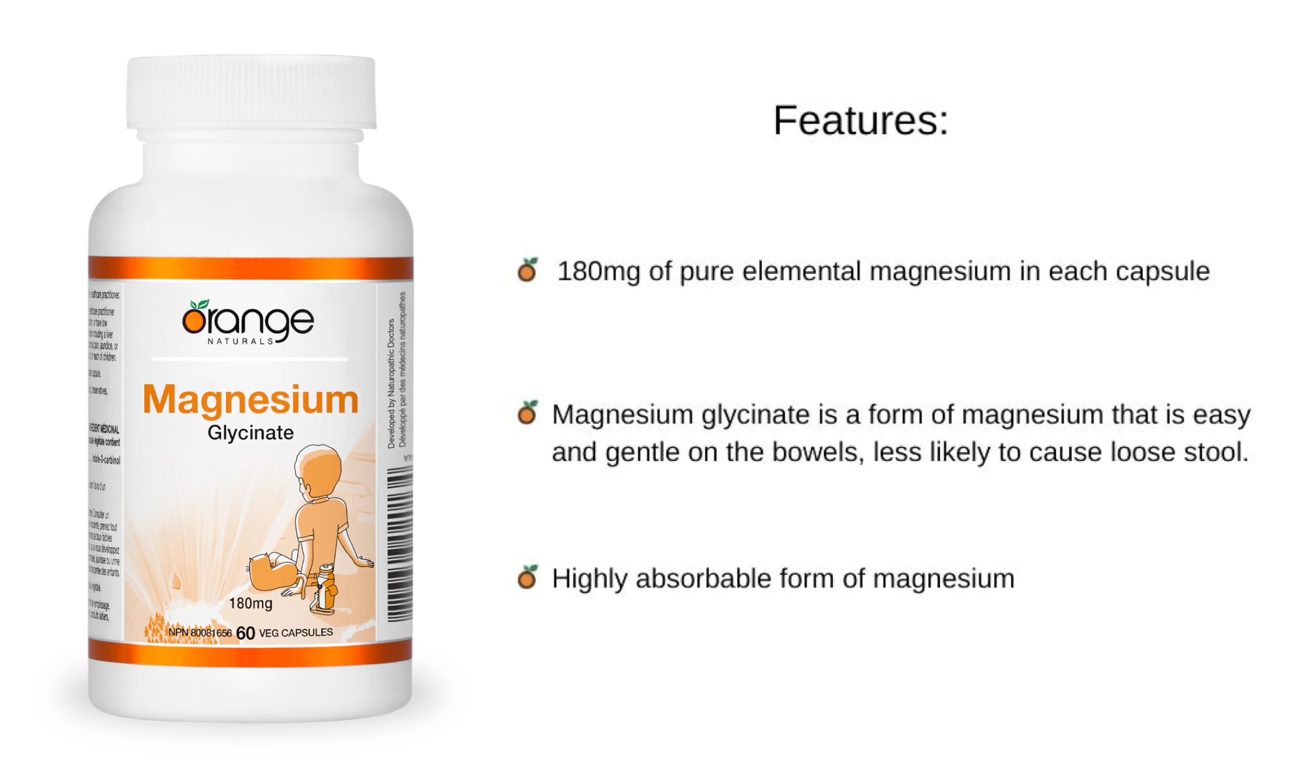 Orange Naturals - Magnesium Glycinate - 180mg 60 v-caps 60-Day Supply - Magnesium Bisglycinate Supplements - Relaxation, Sleep Support, Pressure Relief, Healthy Bones, Healthy Teeth & Muscle Function