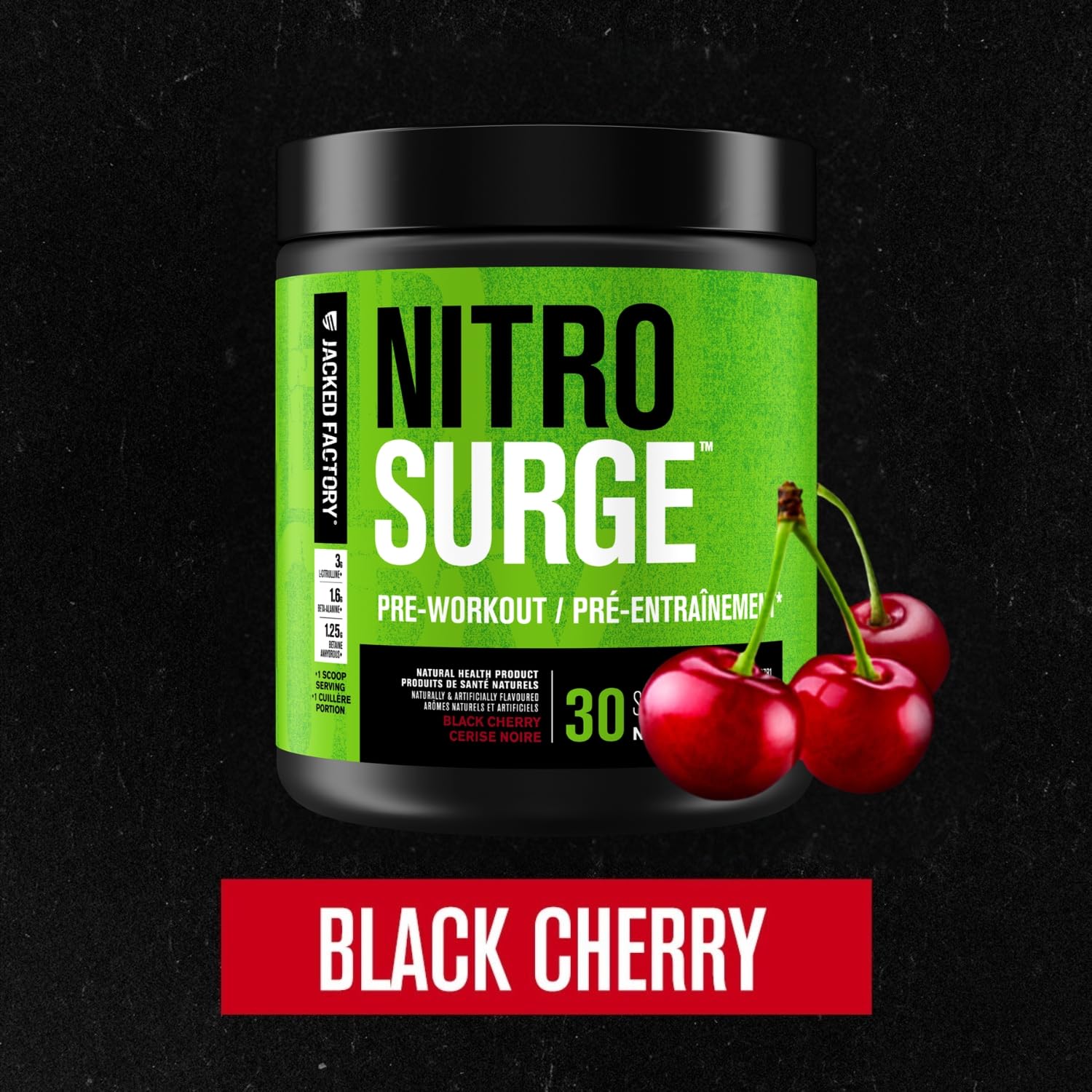 NITROSURGE Pre Workout Supplement - Endless Energy, Instant Strength Gains, Clear Focus, Intense Pumps - Nitric Oxide Booster & Preworkout Powder with Beta Alanine - 30 Servings, Black Cherry