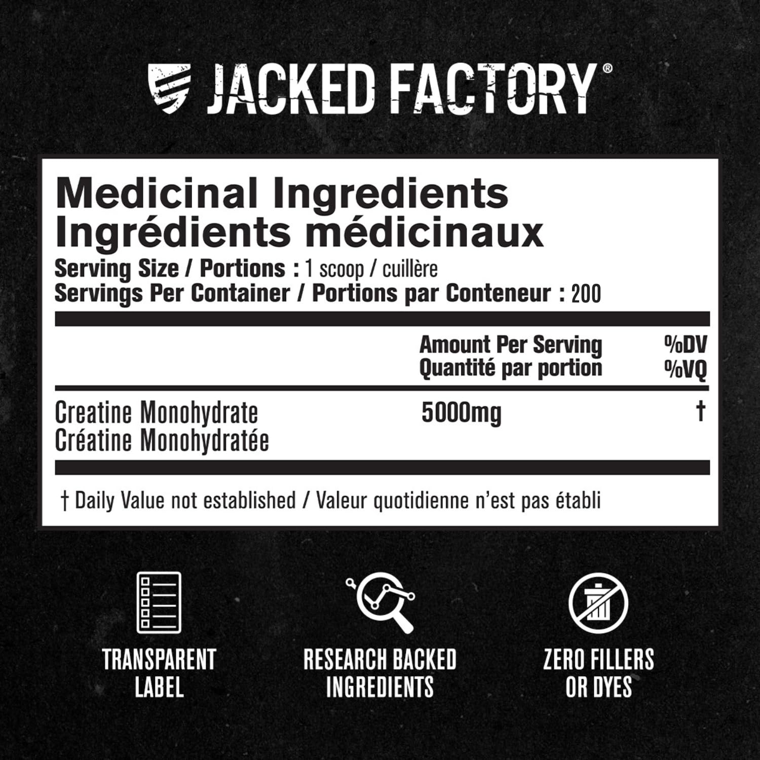 Jacked Factory Creatine Monohydrate Powder 1000g - Canadian-Owned Informed Choice Certified Supplement for Increased Muscle Mass*, Improved Strength, Power, & Performance** - 200 Servings, Unflavored