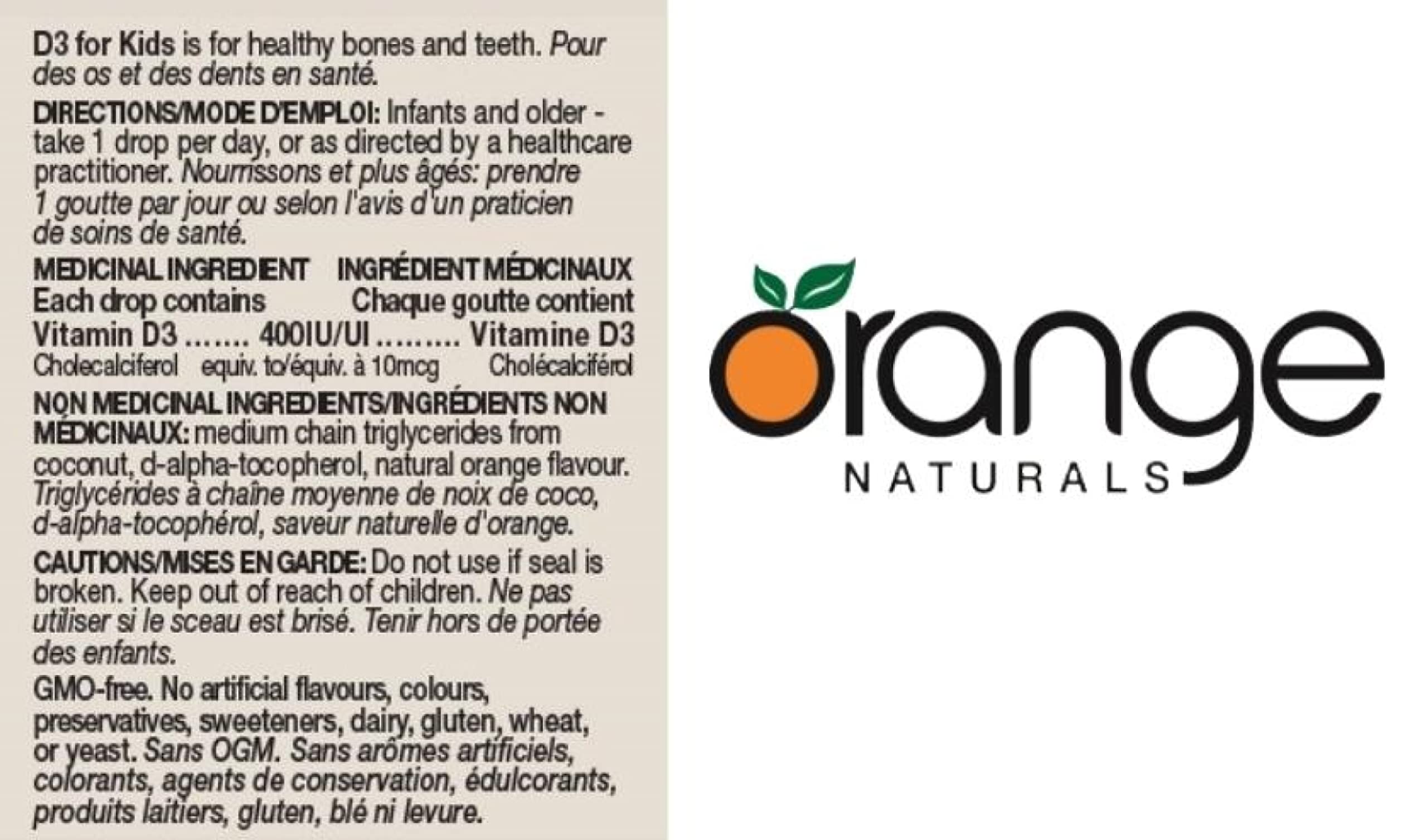Orange Naturals - Kids Vitamin D3 Drops 400IU Liquid, 15ml 450-Servings - Natural Orange Flavour - Cholecalciferol Vitamin D3 Liquid Drops for Kids - Bone Health, Teeth Health & Immune System Support