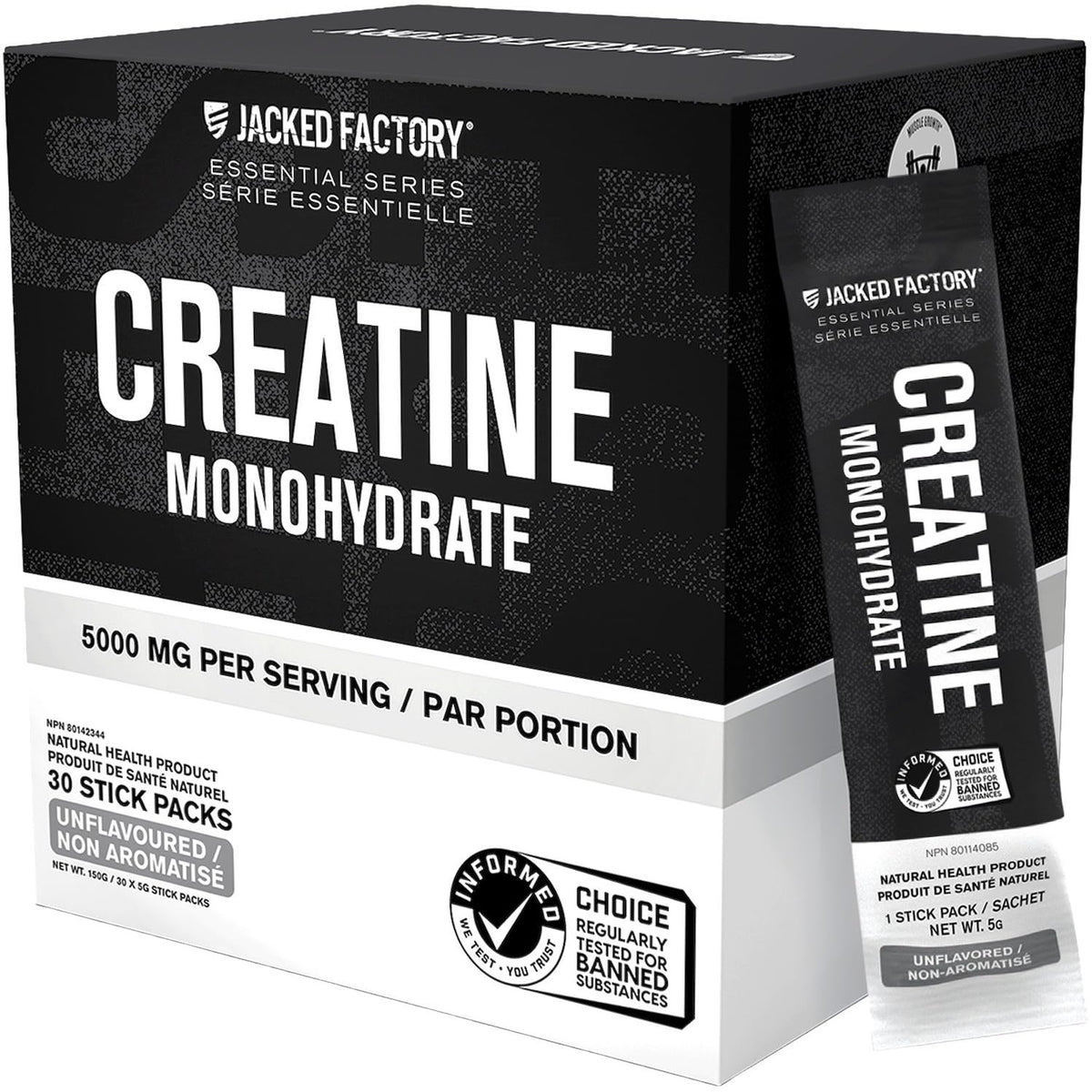 Jacked Factory Creatine Stick Packs - Creatine Monohydrate Powder 5000mg Per Stick - Creatine Supplement for Muscle Growth, Increased Strength, and Improved Athletic Performance - 30 Pack, Unflavoured