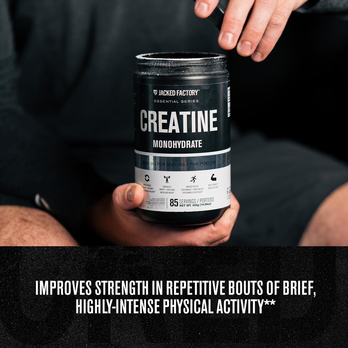 Jacked Factory Creatine Monohydrate Powder - Canadian-Owned Informed Choice Certified Supplement for Increased Muscle Mass*, Improved Strength, Power, & Performance** - 85 Servings, Arctic White