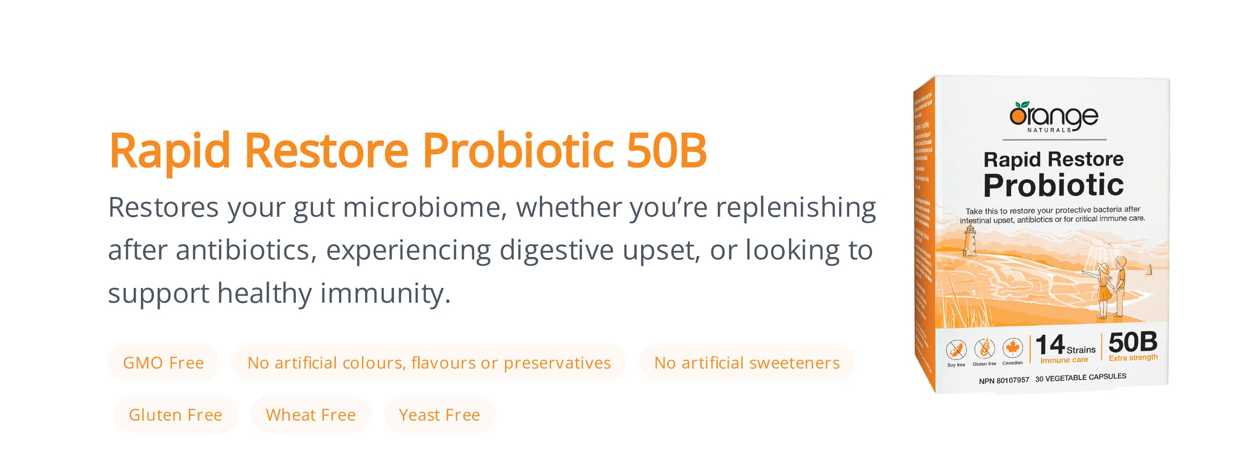 Orange Naturals Rapid Restore Probiotic 50 Billion CFU, 60 Veg Caps 60-Day Supply - 14 Strains, Lactobacillus Rhamnosus & Bifidobacterium Longum, Supports for Digestion, Gut Flora & Overall Wellness