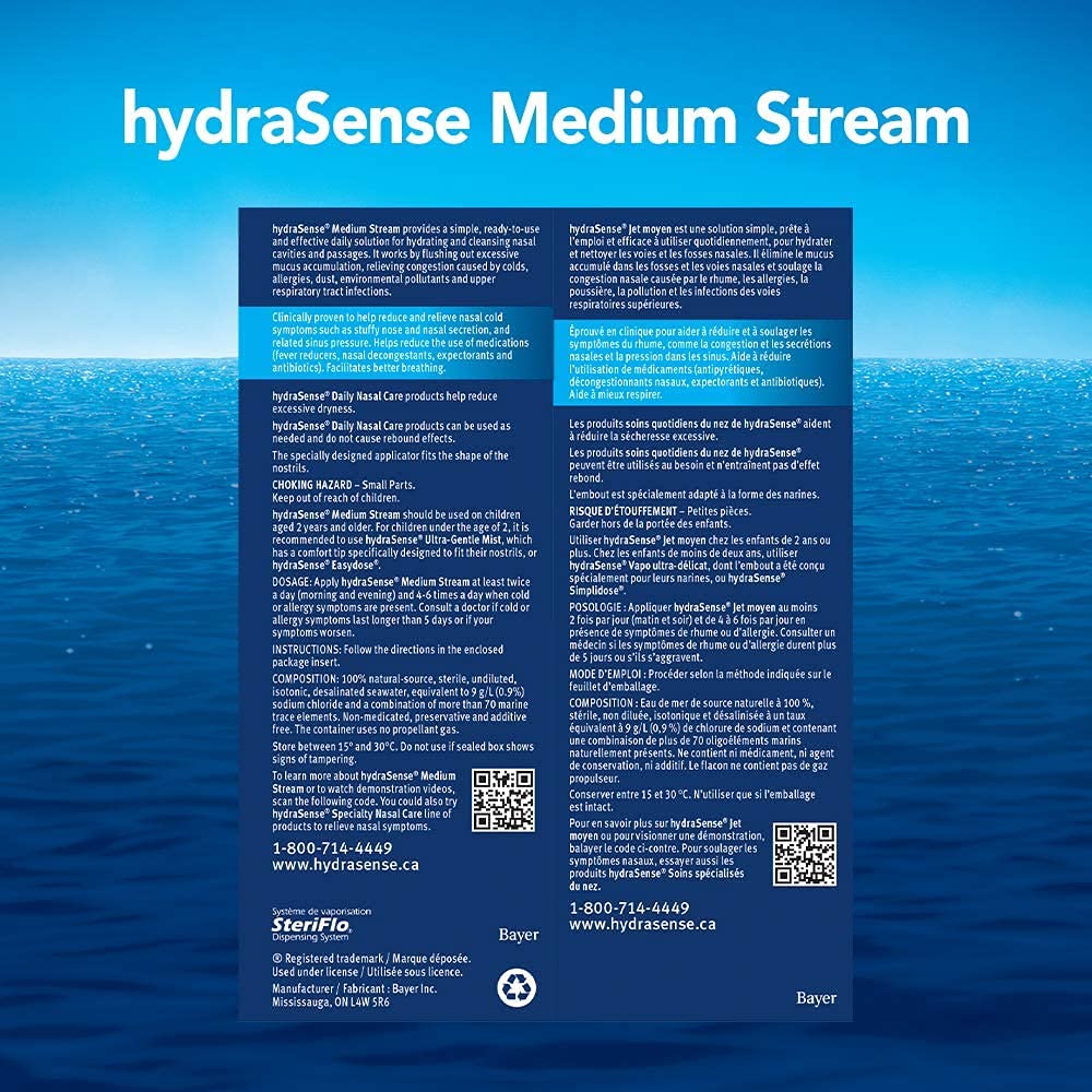 HydraSense Medium Stream Nasal Spray, Daily Nasal Care, 100% Natural Source Seawater, Preservative-Free, 210 mL