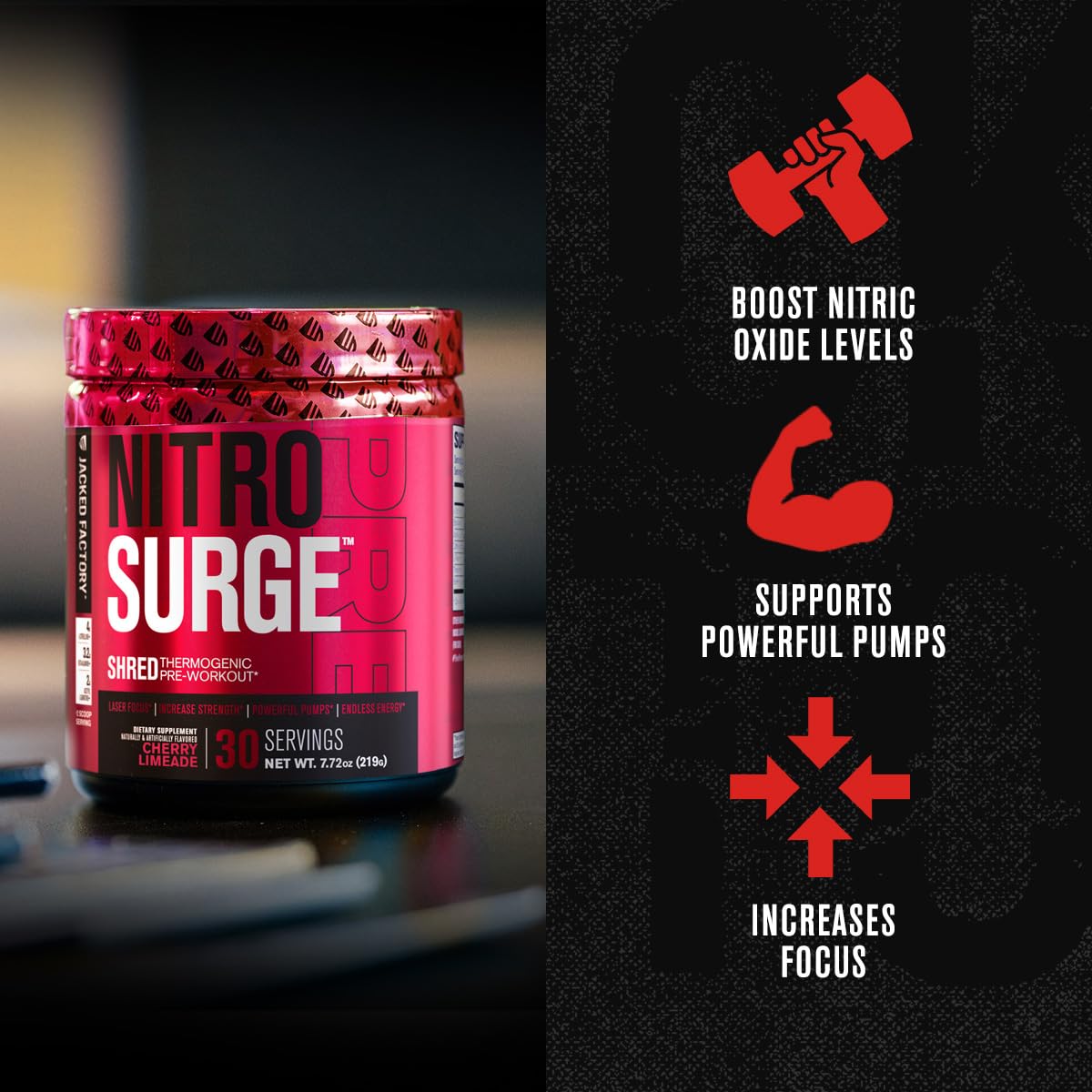 NITROSURGE Shred Thermogenic Pre Workout Supplement - Energy Booster, Instant Strength Gains, Sharp Focus, Powerful Pumps - Nitric Oxide Booster & PreWorkout Powder - 30Sv, Orange Pineapple
