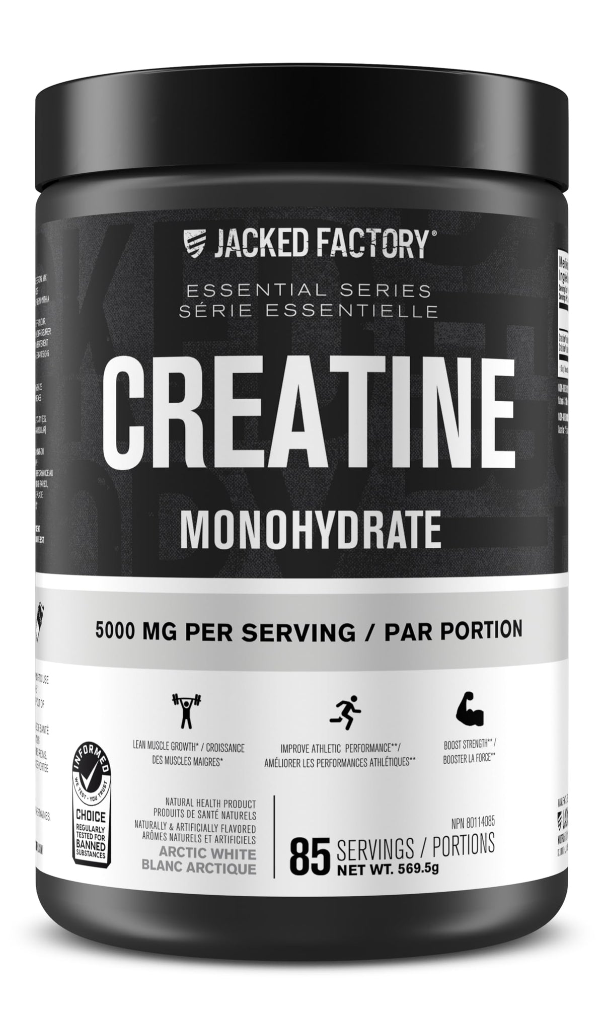 Jacked Factory Creatine Monohydrate Powder - Canadian-Owned Informed Choice Certified Supplement for Increased Muscle Mass*, Improved Strength, Power, & Performance** - 85 Servings, Arctic White