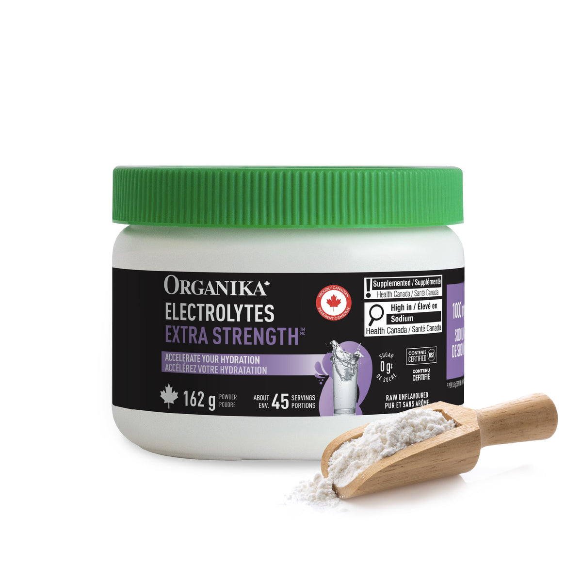 Organika Canadian-Made Electrolytes Extra-Strength Powder, NSF Certified, Unflavoured, 1000 mg Sodium, Sugar-Free Hydration & Recovery, 162g, 45 Servings