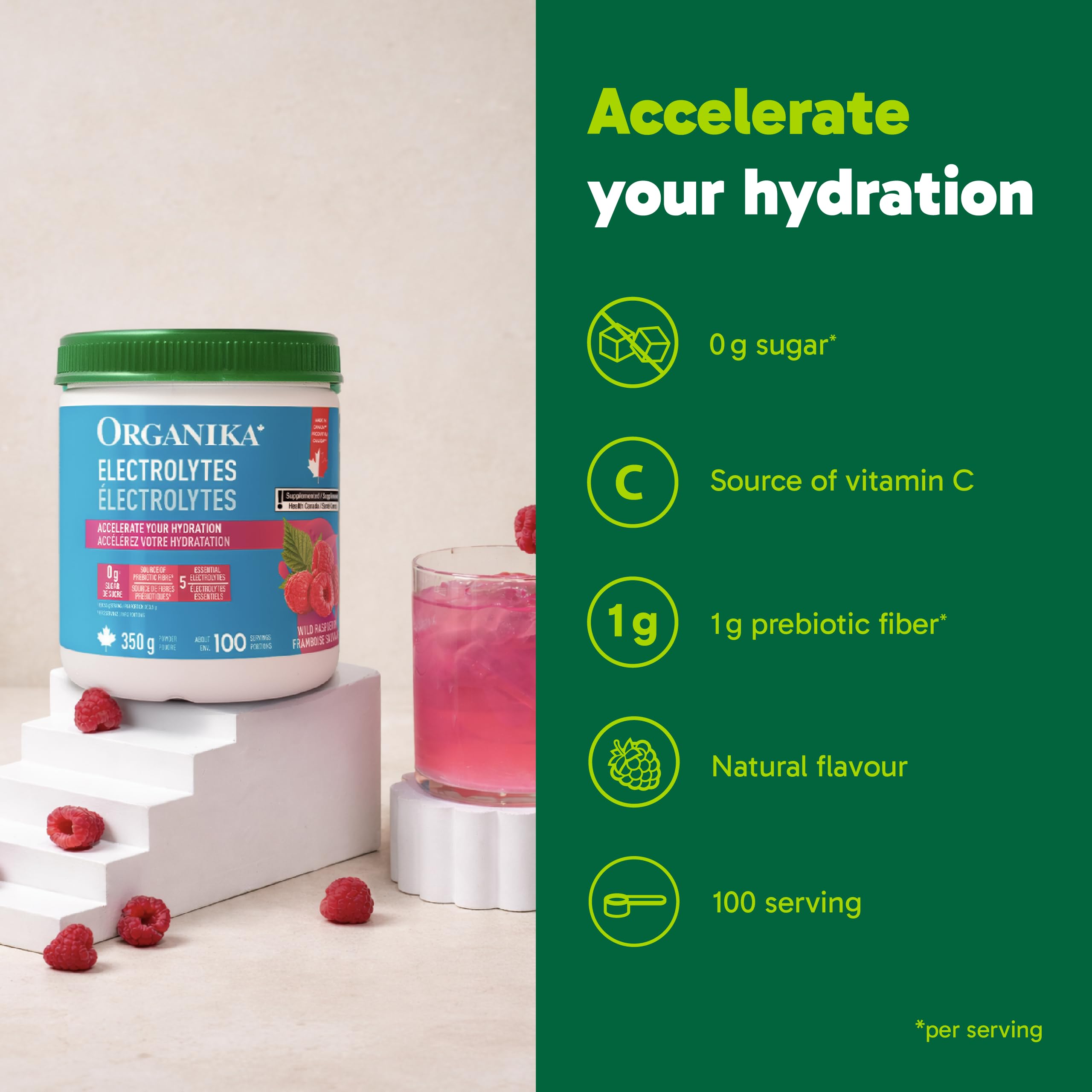 Organika Canadian-Made Electrolytes Powder with Vitamin C & Prebiotic Fibre - Sugar-Free Hydration Drink Mix - Wild Raspberry - 350 g - 100 servings